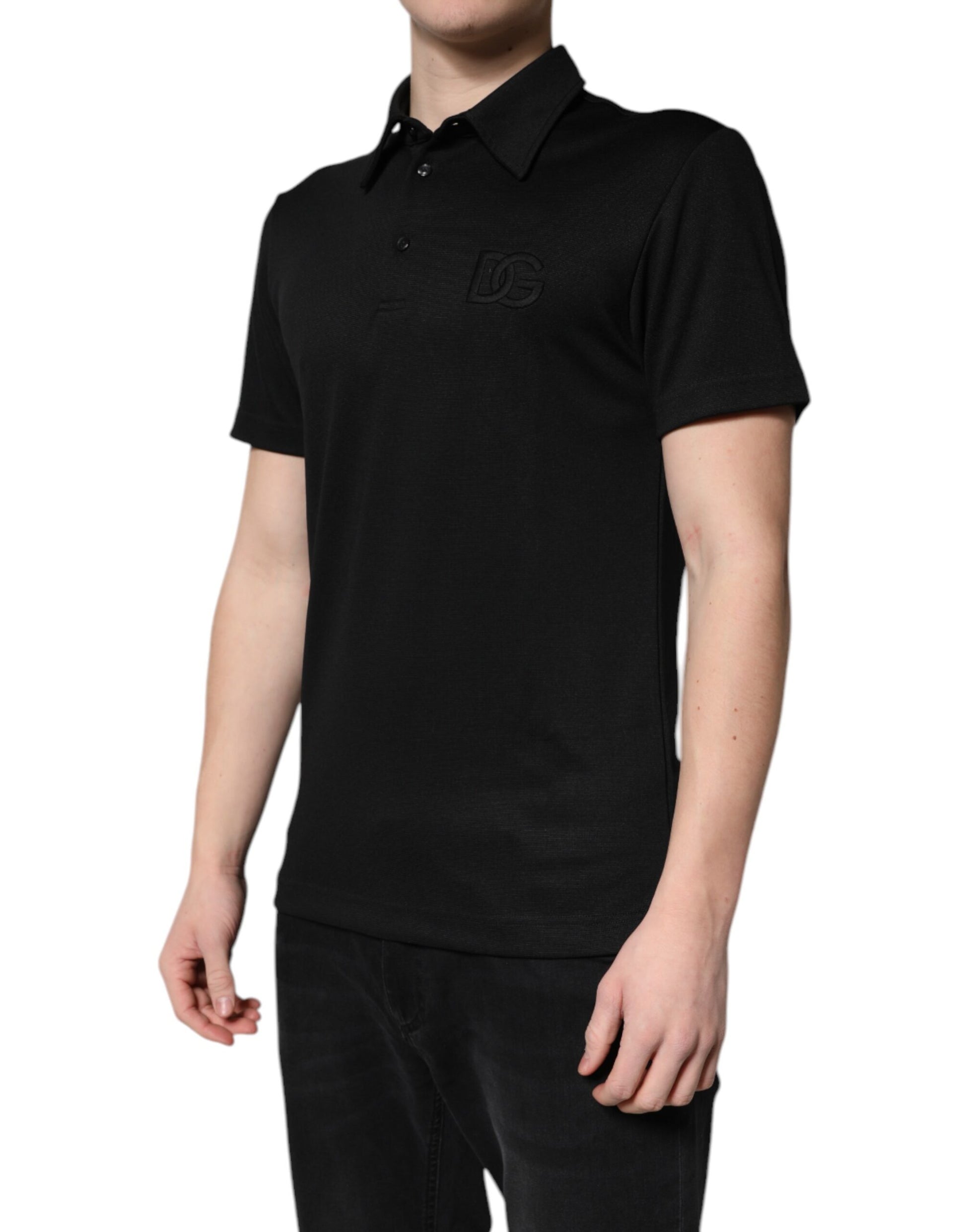 Dolce & Gabbana Black Polyester DG Logo Collared Polo T-shirt - ACCEXO