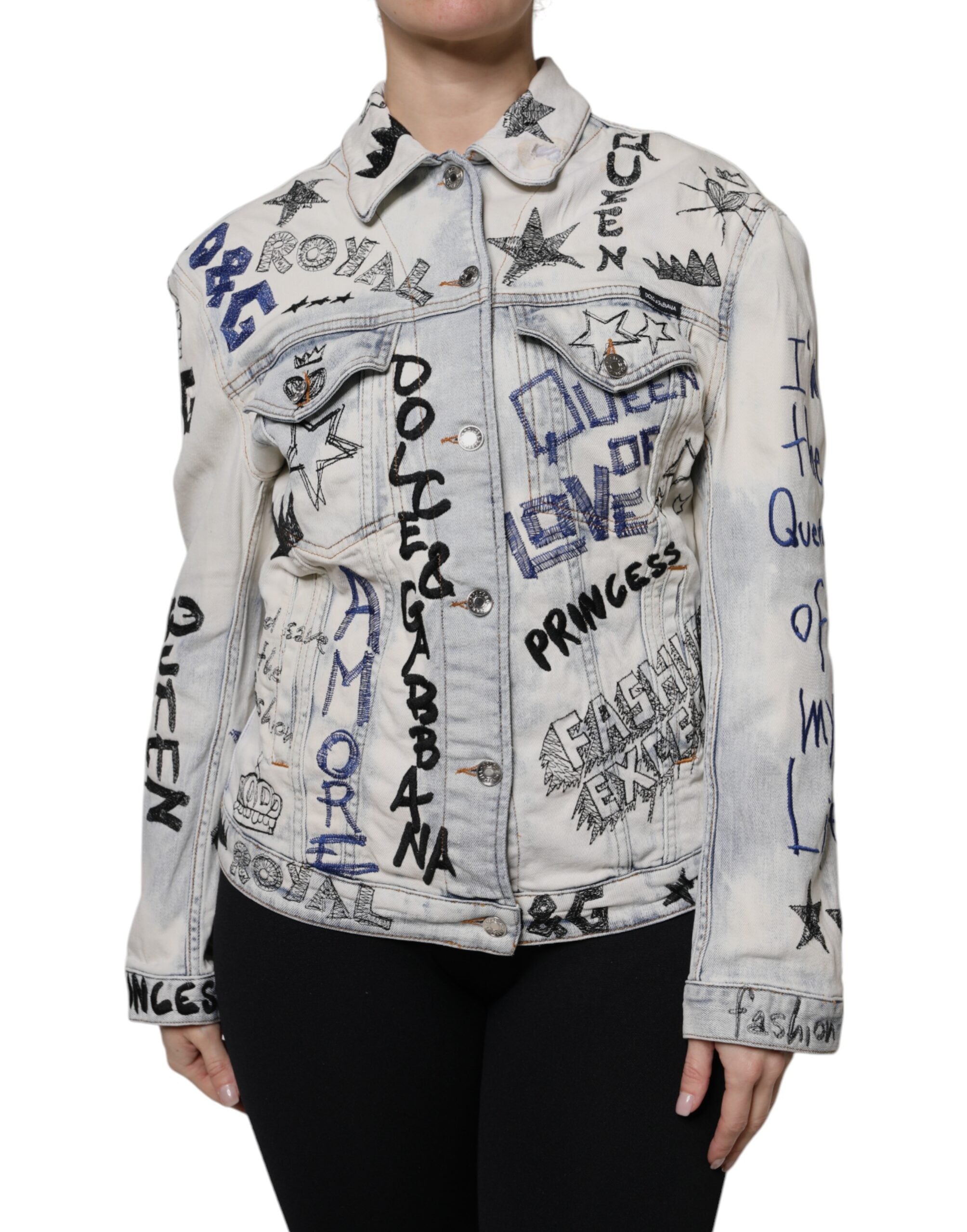 Dolce & Gabbana Light Blue Graffiti Button Down Denim Jacket - ACCEXO