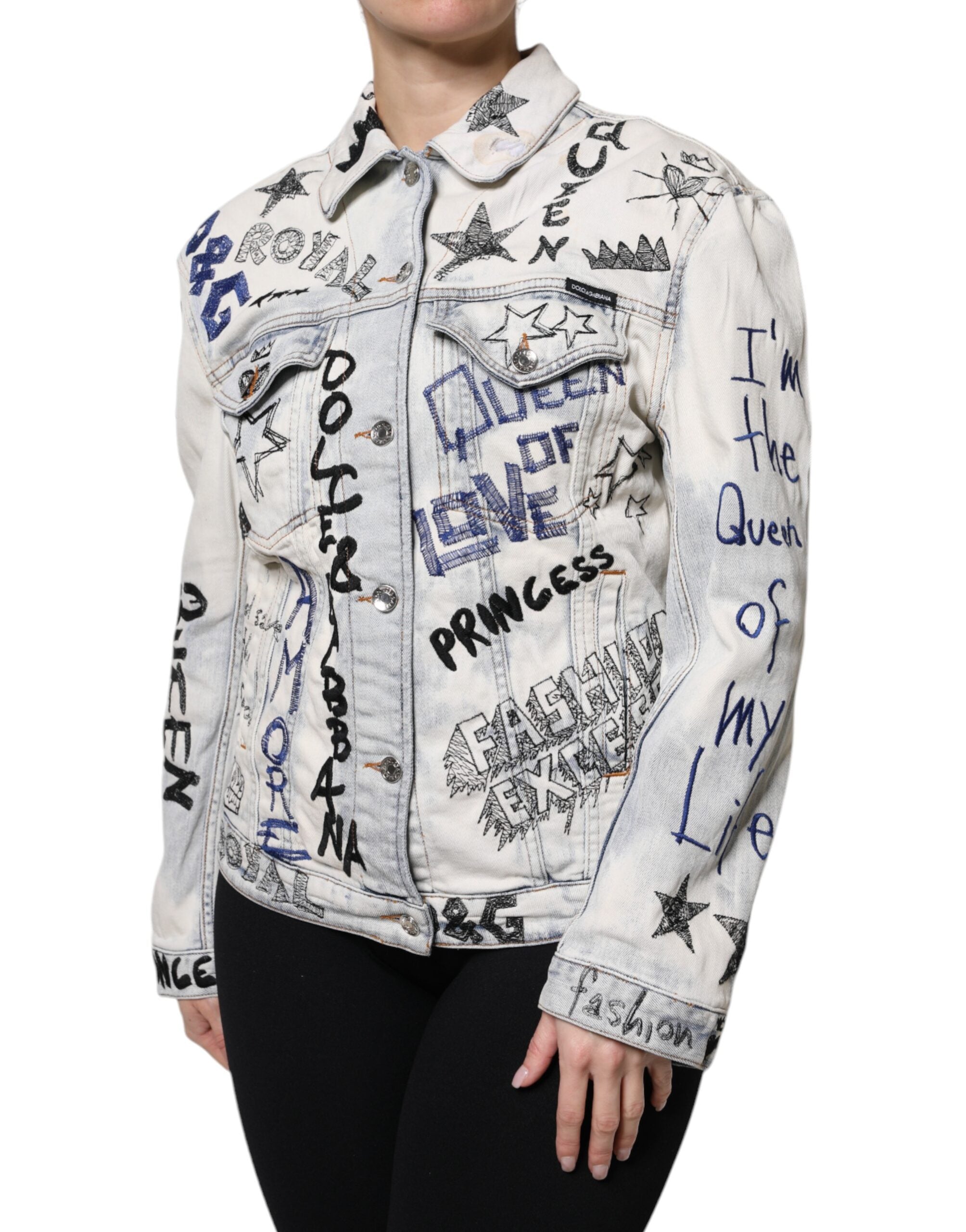 Dolce & Gabbana Light Blue Graffiti Button Down Denim Jacket - ACCEXO