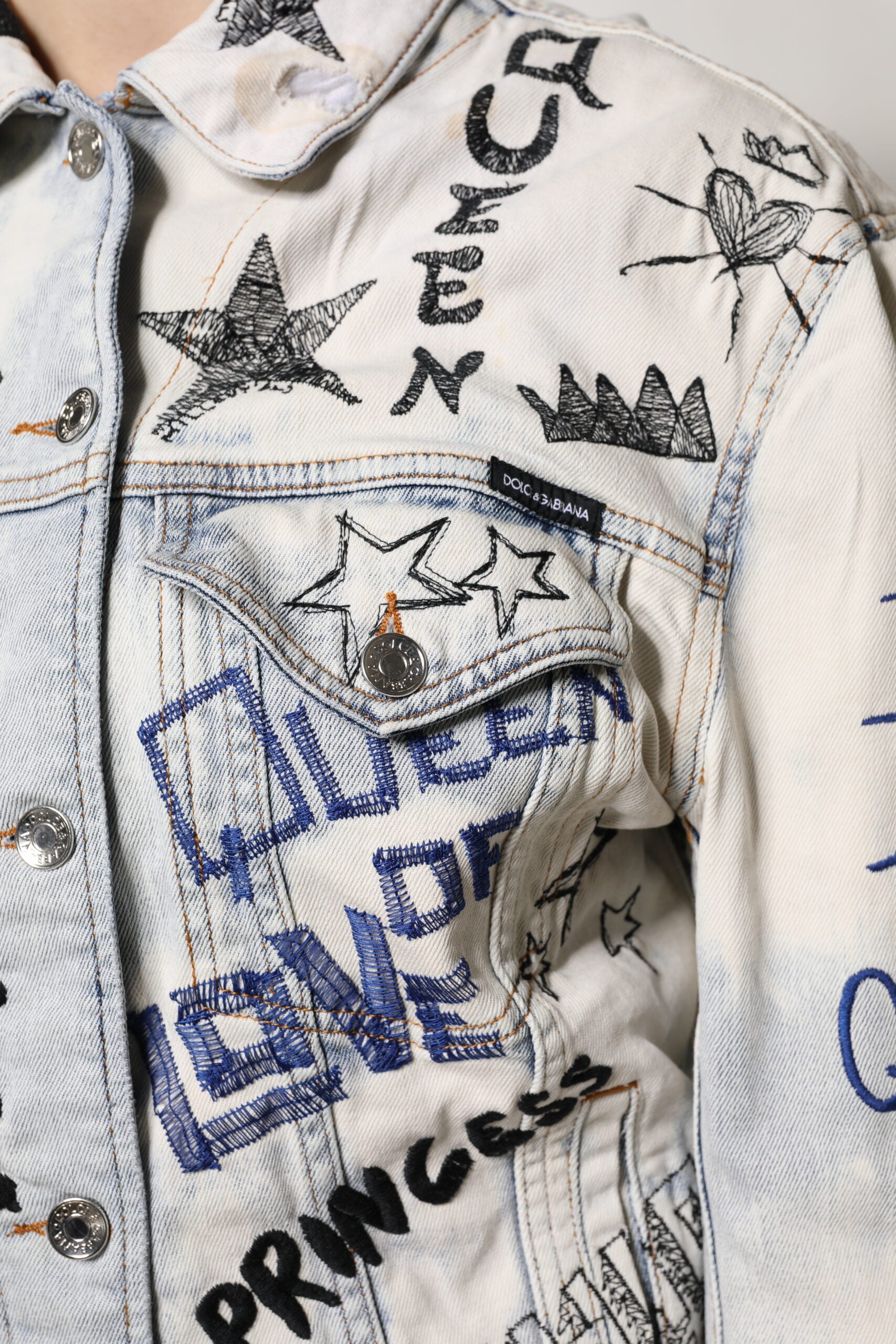 Dolce & Gabbana Light Blue Graffiti Button Down Denim Jacket - ACCEXO