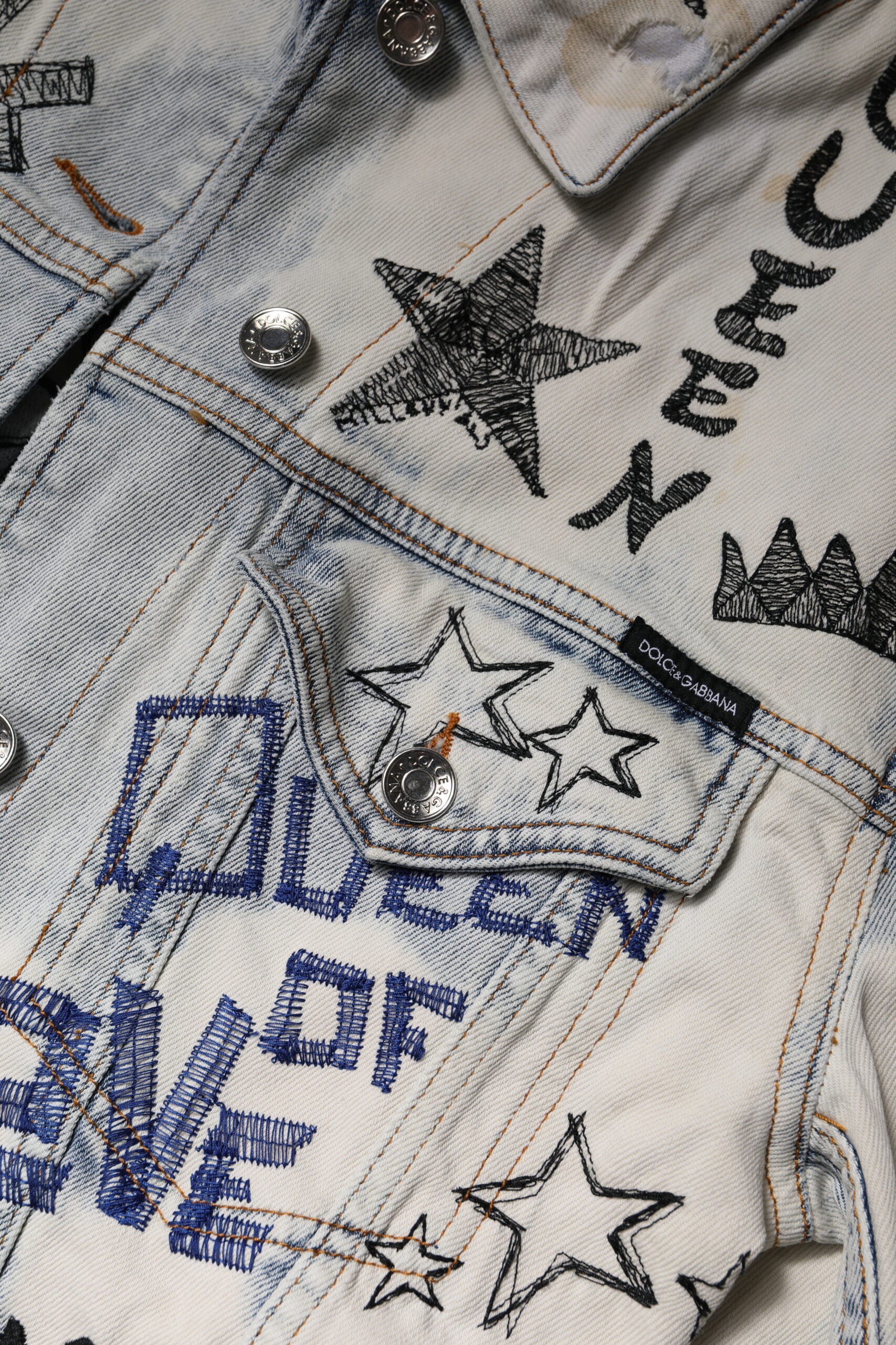 Dolce & Gabbana Light Blue Graffiti Button Down Denim Jacket - ACCEXO