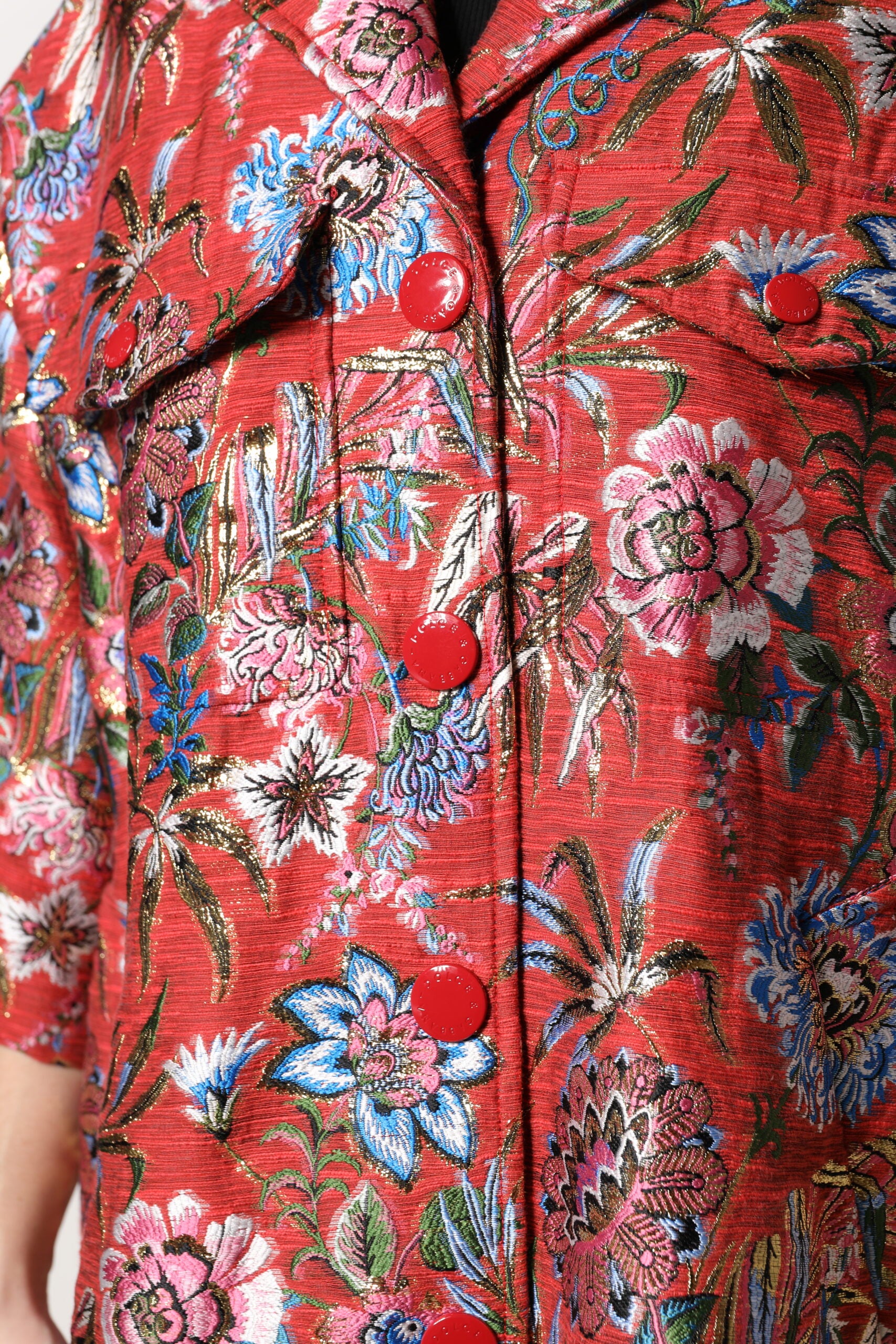 Dolce & Gabbana Red Floral Jacquard Button Down Coat Jacket - ACCEXO