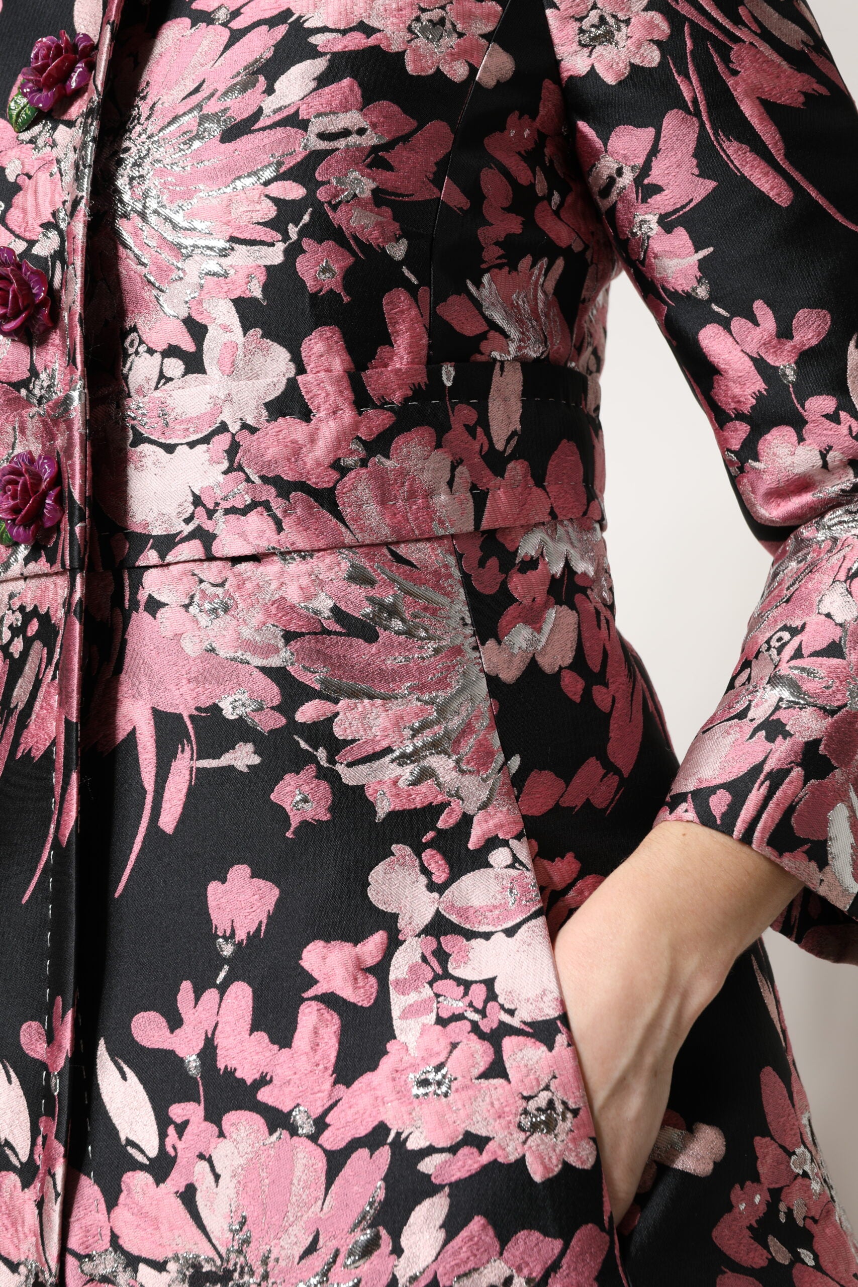 Dolce & Gabbana Pink Black Floral Brocade Trenchcoat Jacket - ACCEXO