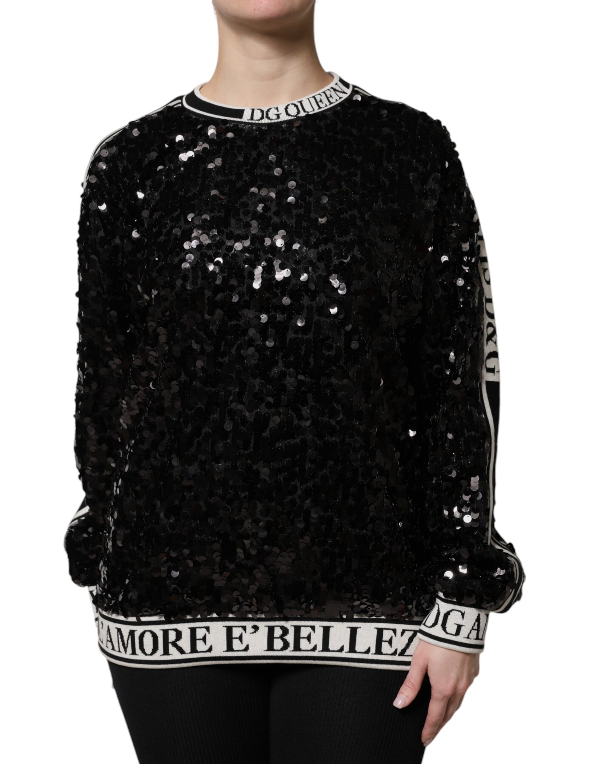 Dolce & Gabbana Black DG Queen Sequin Pullover Sweater - ACCEXO