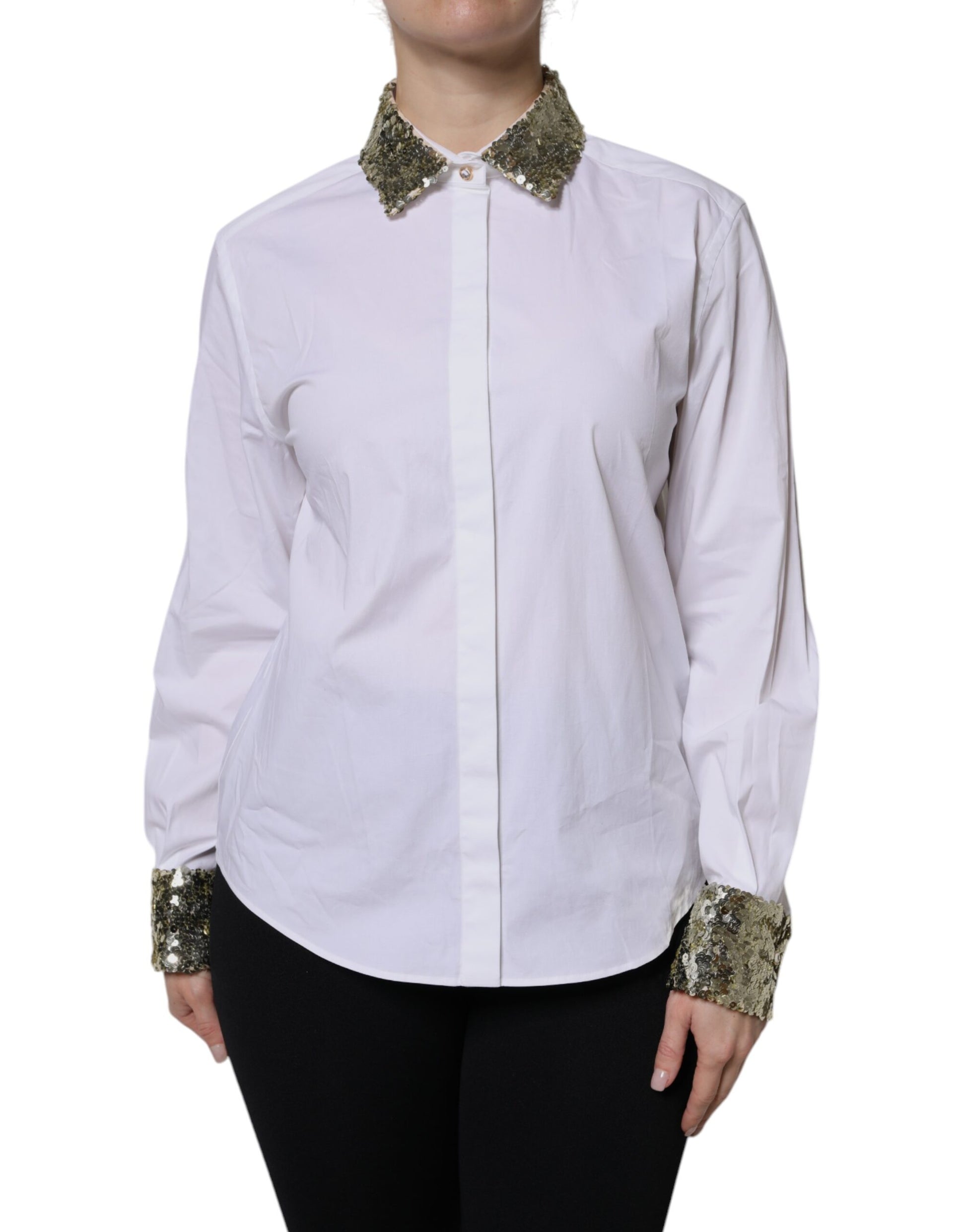 Dolce & Gabbana White Cotton Long Sleeves Sequin Shirt Top - ACCEXO