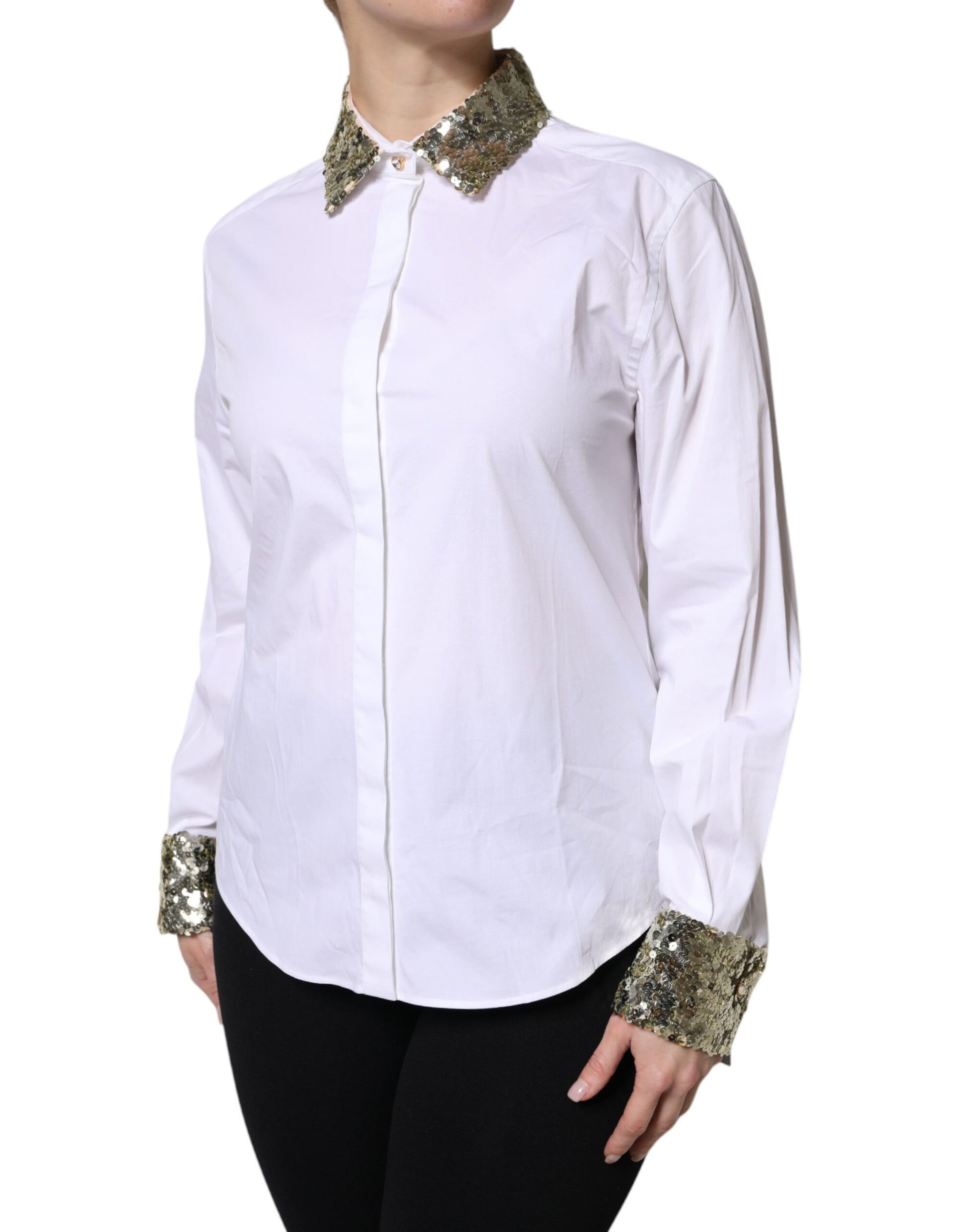 Dolce & Gabbana White Cotton Long Sleeves Sequin Shirt Top - ACCEXO