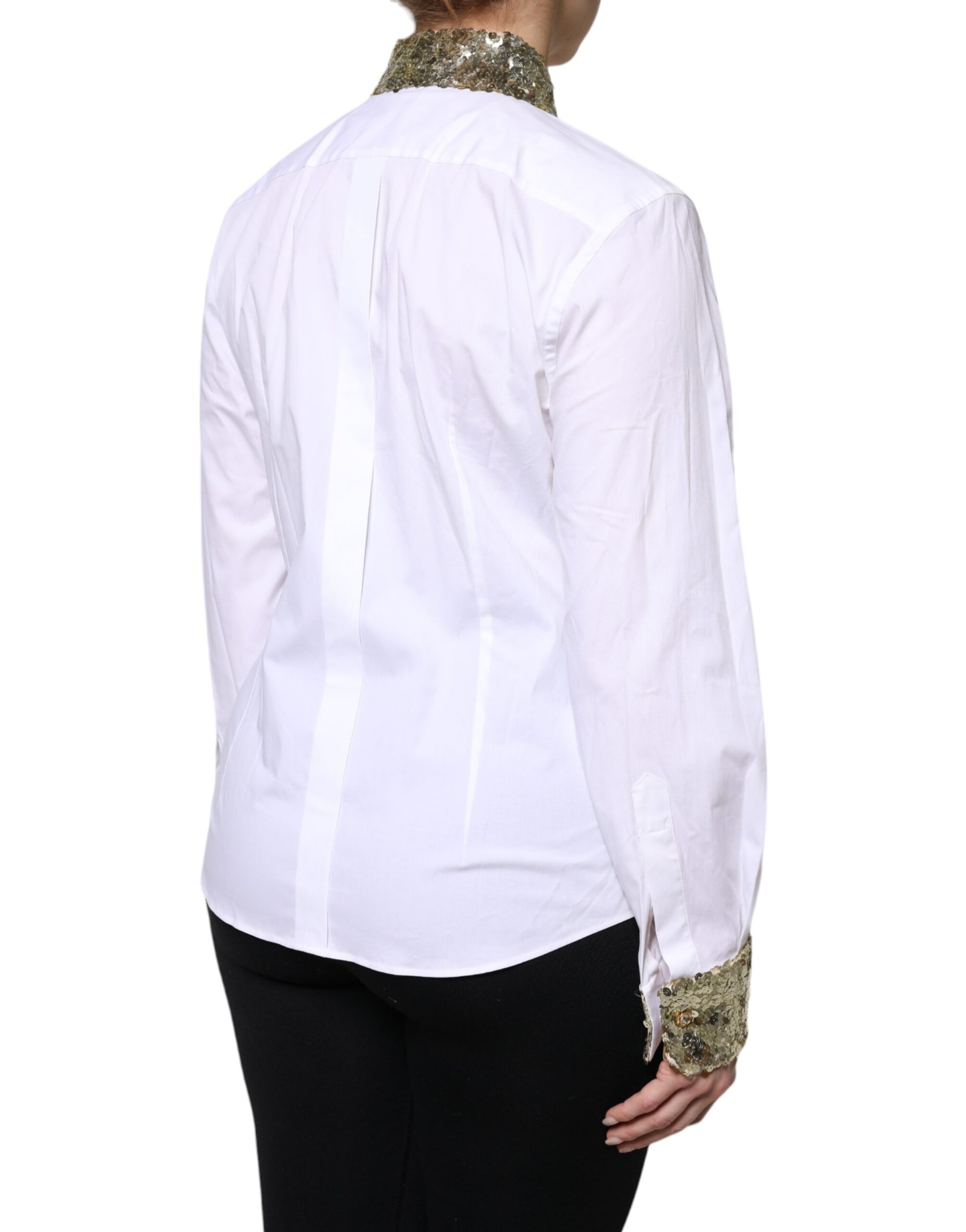 Dolce & Gabbana White Cotton Long Sleeves Sequin Shirt Top - ACCEXO