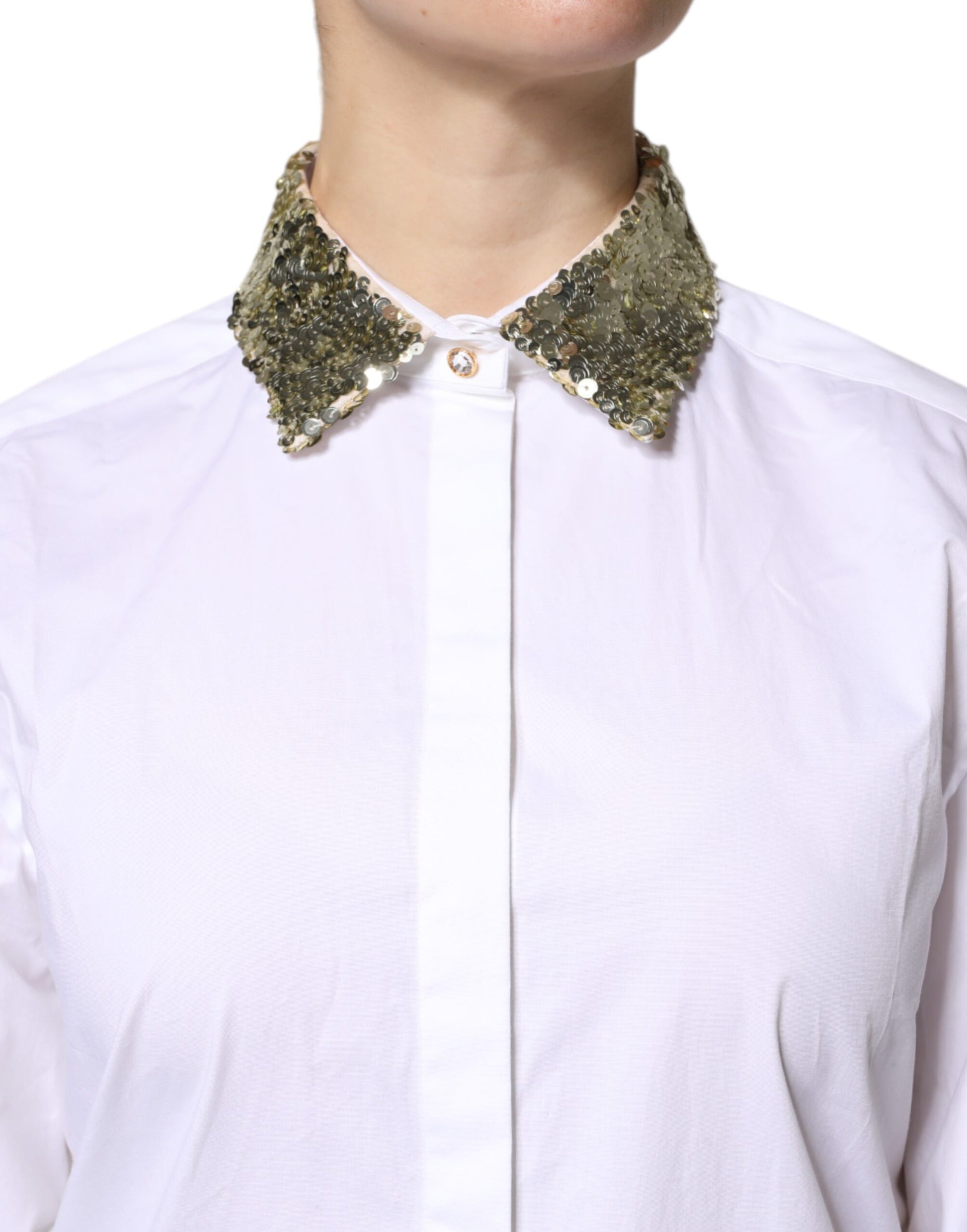Dolce & Gabbana White Cotton Long Sleeves Sequin Shirt Top - ACCEXO
