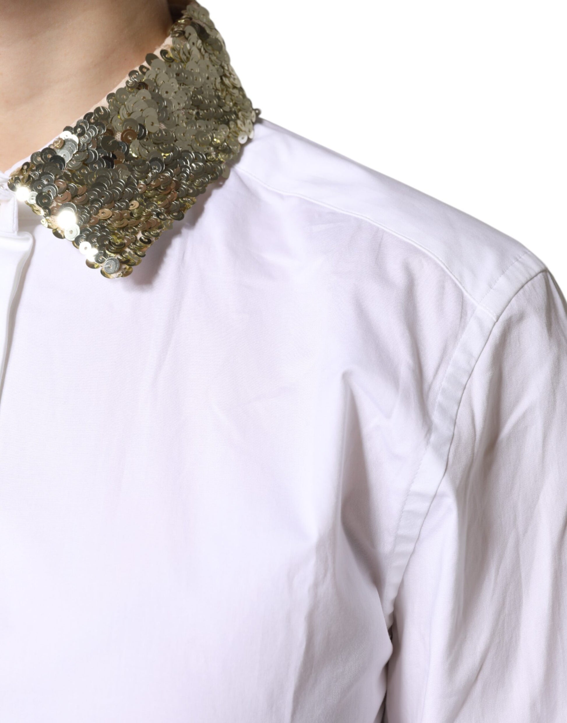 Dolce & Gabbana White Cotton Long Sleeves Sequin Shirt Top - ACCEXO