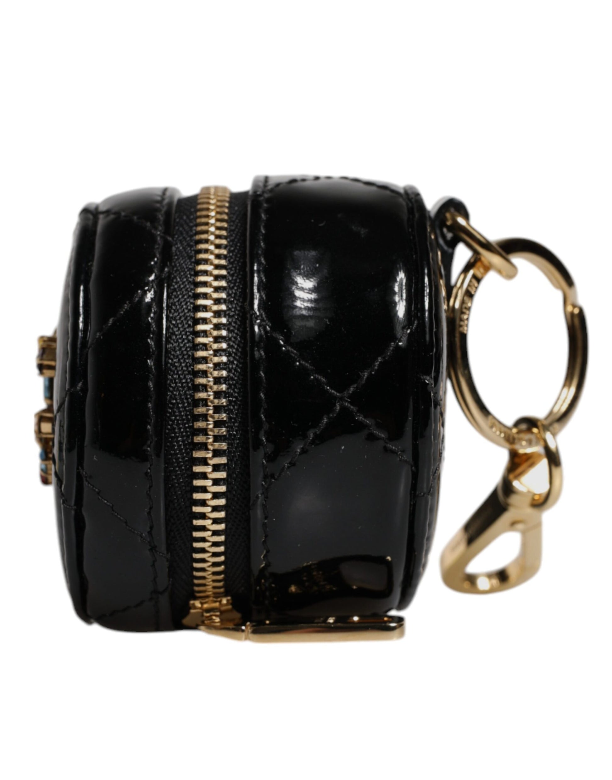 Dolce & Gabbana Black Lamb Leather DG Crystal Round Coin Purse Wallet - ACCEXO