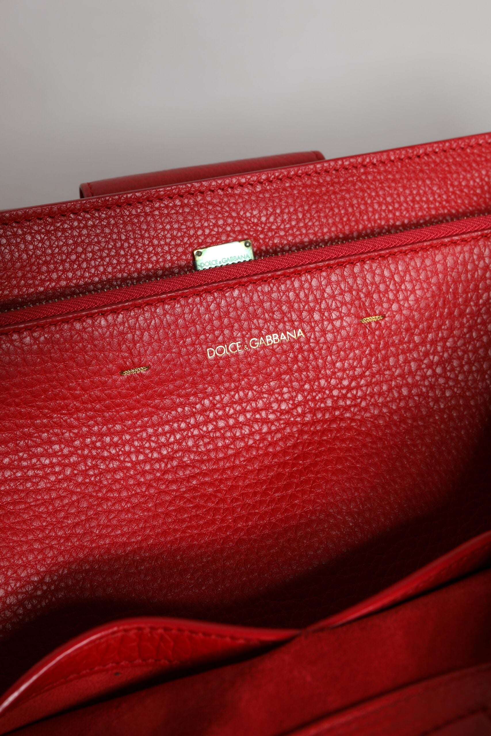 Dolce & Gabbana Red Calfskin Leather Logo Plaque Top Handle Bag - ACCEXO