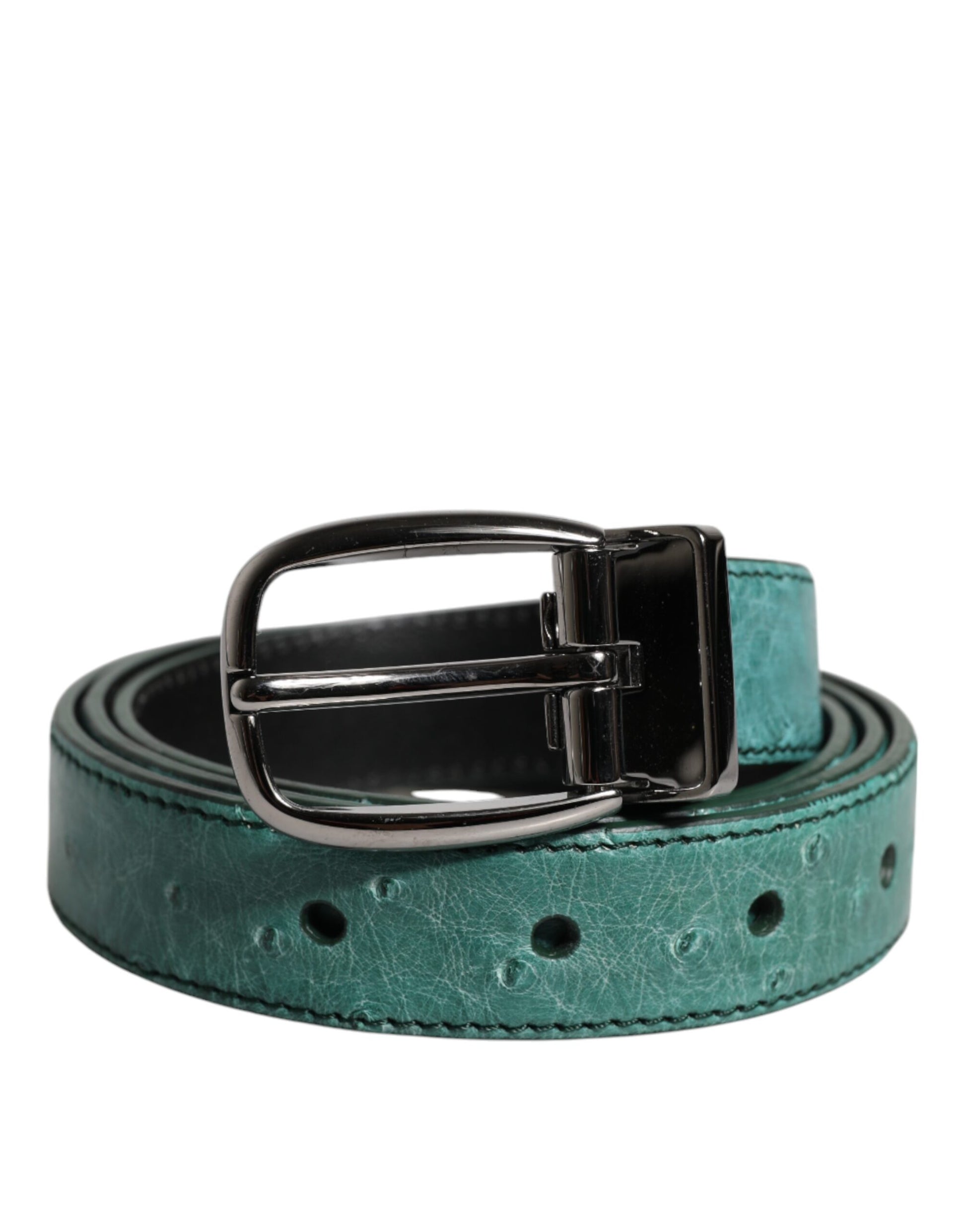 Dolce & Gabbana Green Ostrich Leather Silver Metal Buckle Belt - ACCEXO