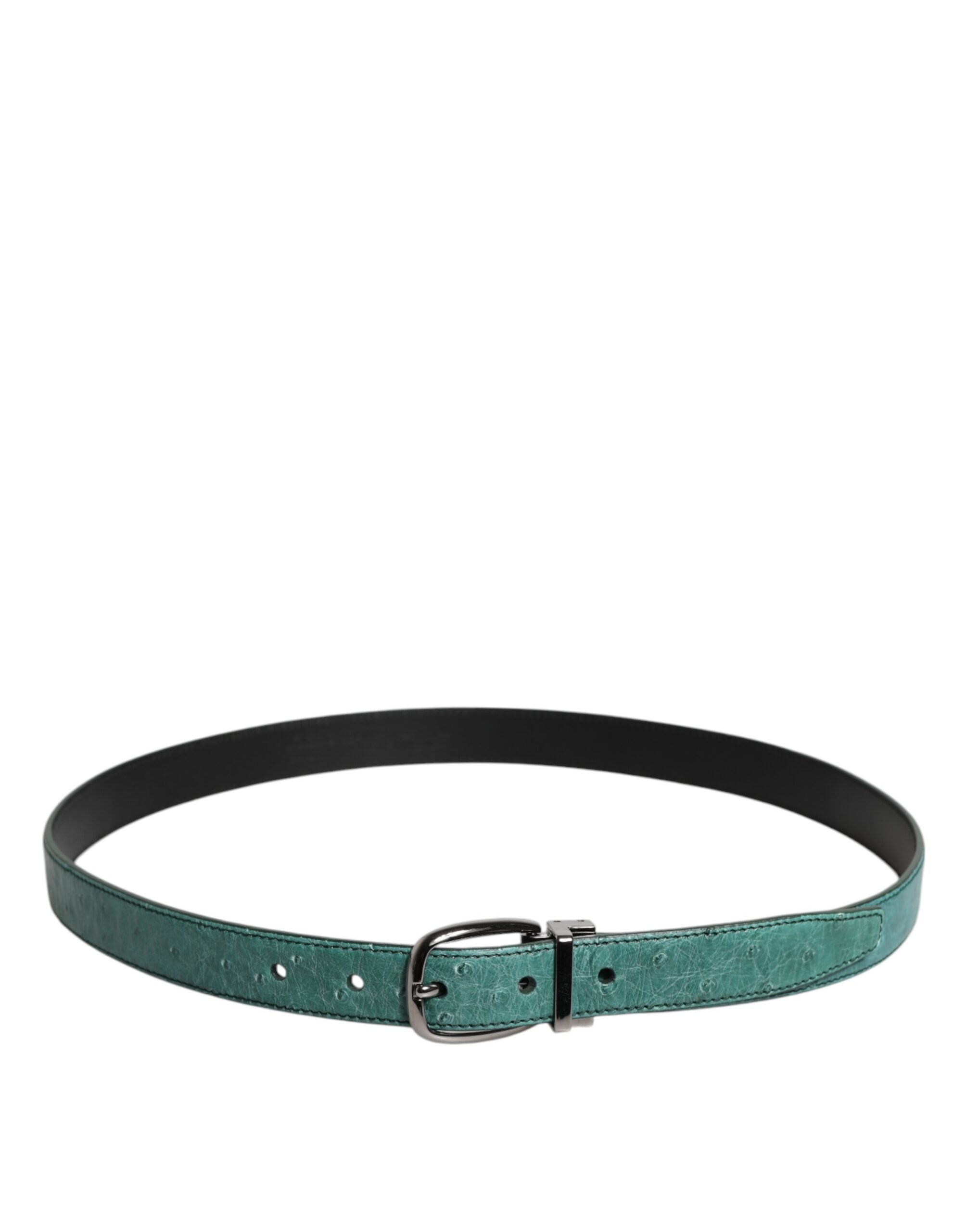 Dolce & Gabbana Green Ostrich Leather Silver Metal Buckle Belt - ACCEXO