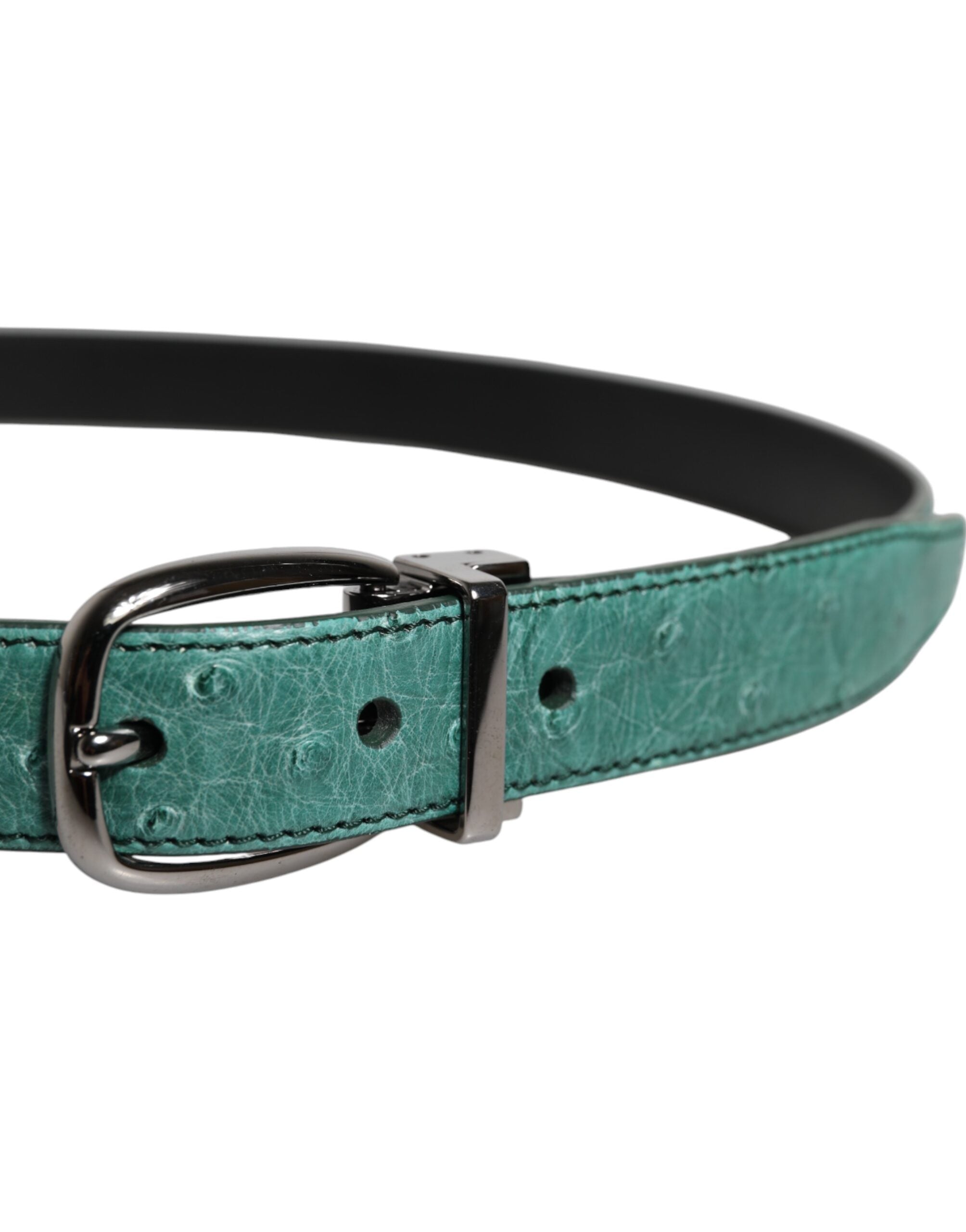 Dolce & Gabbana Green Ostrich Leather Silver Metal Buckle Belt - ACCEXO