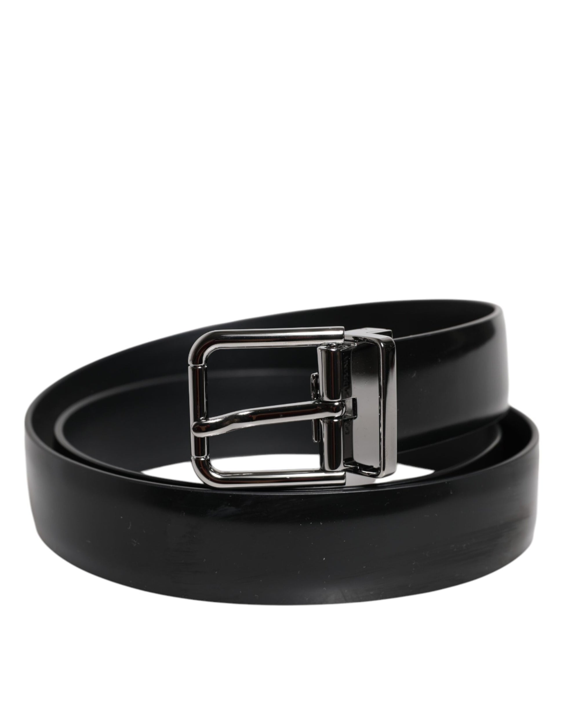 Dolce & Gabbana Black Shiny Leather Silver Metal Buckle Belt - ACCEXO