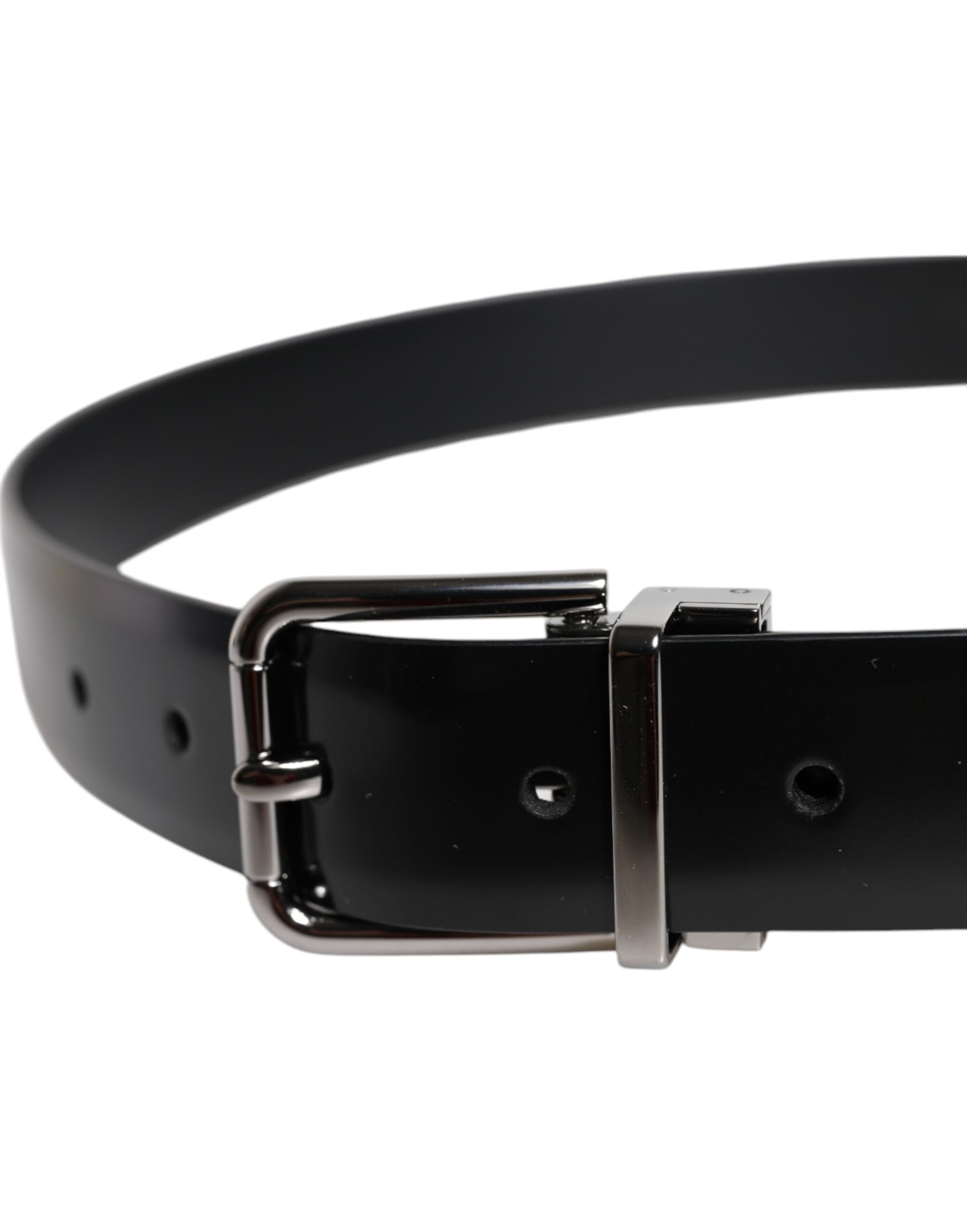 Dolce & Gabbana Black Shiny Leather Silver Metal Buckle Belt - ACCEXO