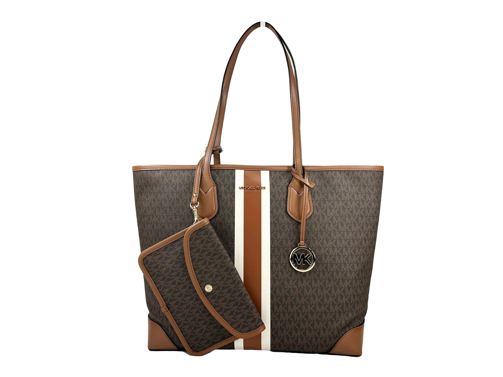 Michael Kors Eva Large Stripe Travel Tote Bag Plus Pouch Brown - ACCEXO