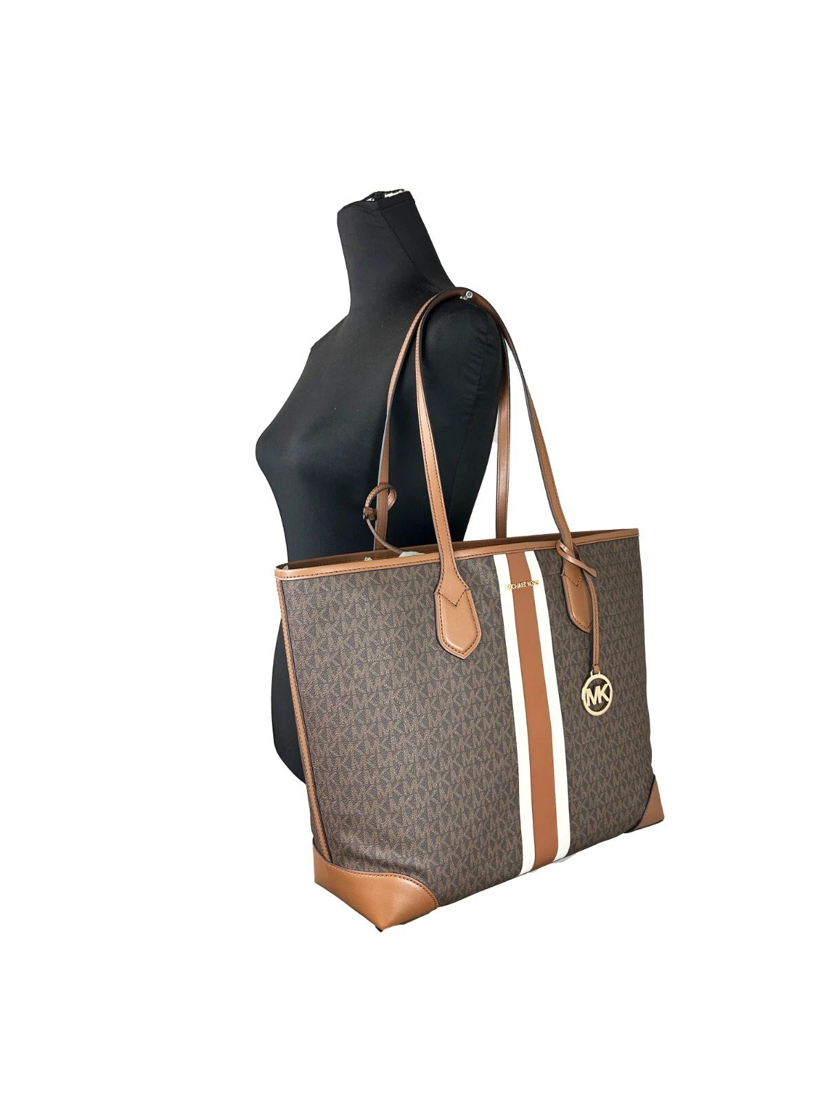 Michael Kors Eva Large Stripe Travel Tote Bag Plus Pouch Brown - ACCEXO