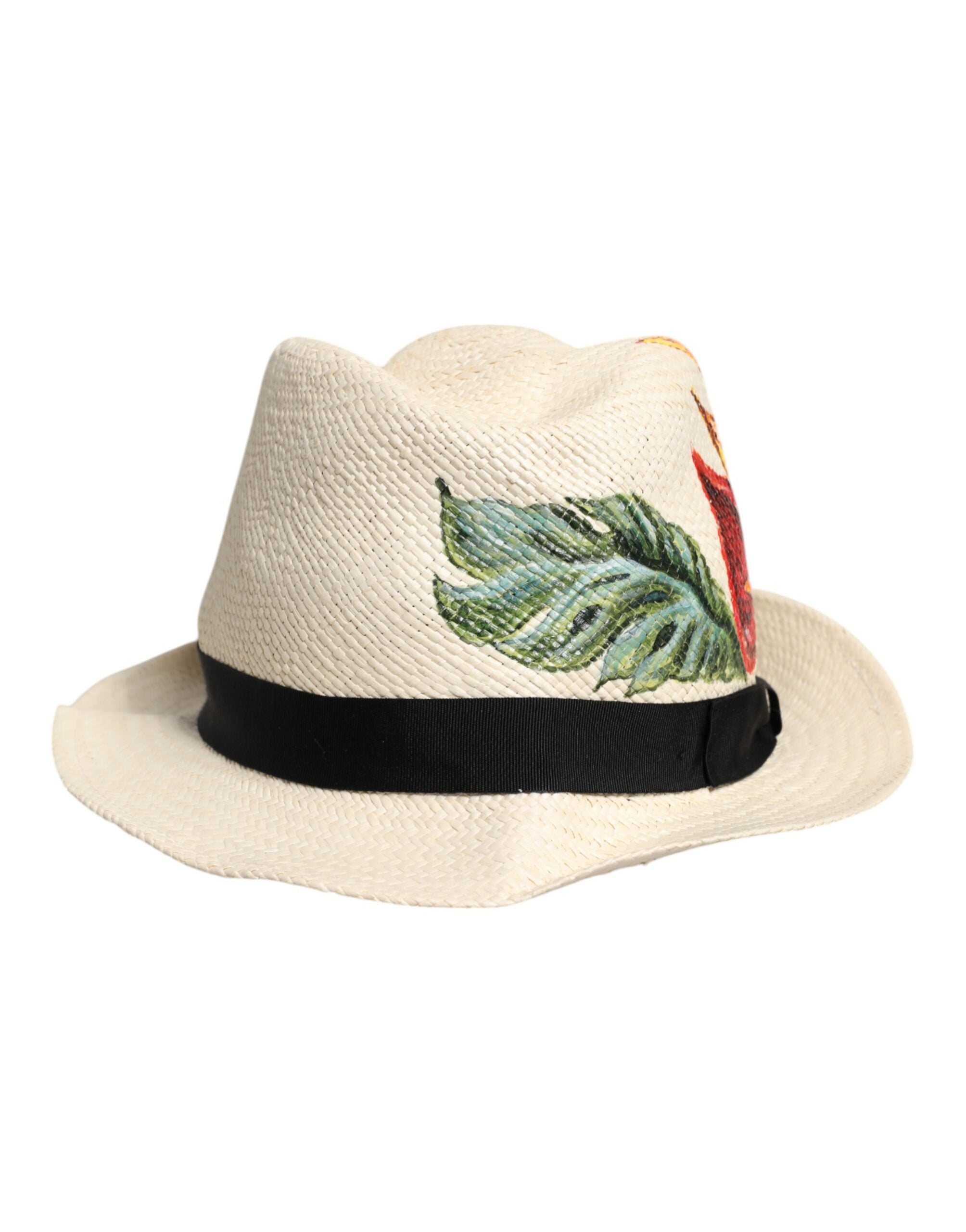 Dolce & Gabbana Beige Floral Print Straw Wide Brim Fedora Hat - ACCEXO