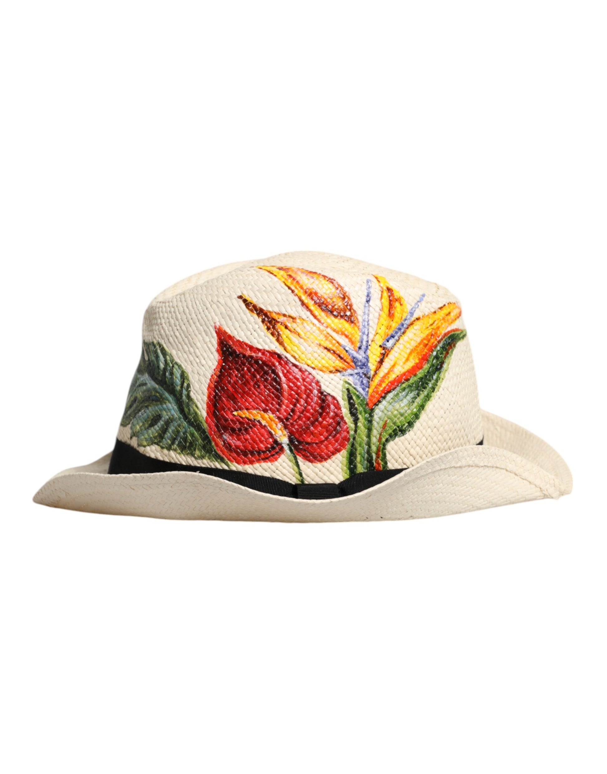 Dolce & Gabbana Beige Floral Print Straw Wide Brim Fedora Hat - ACCEXO