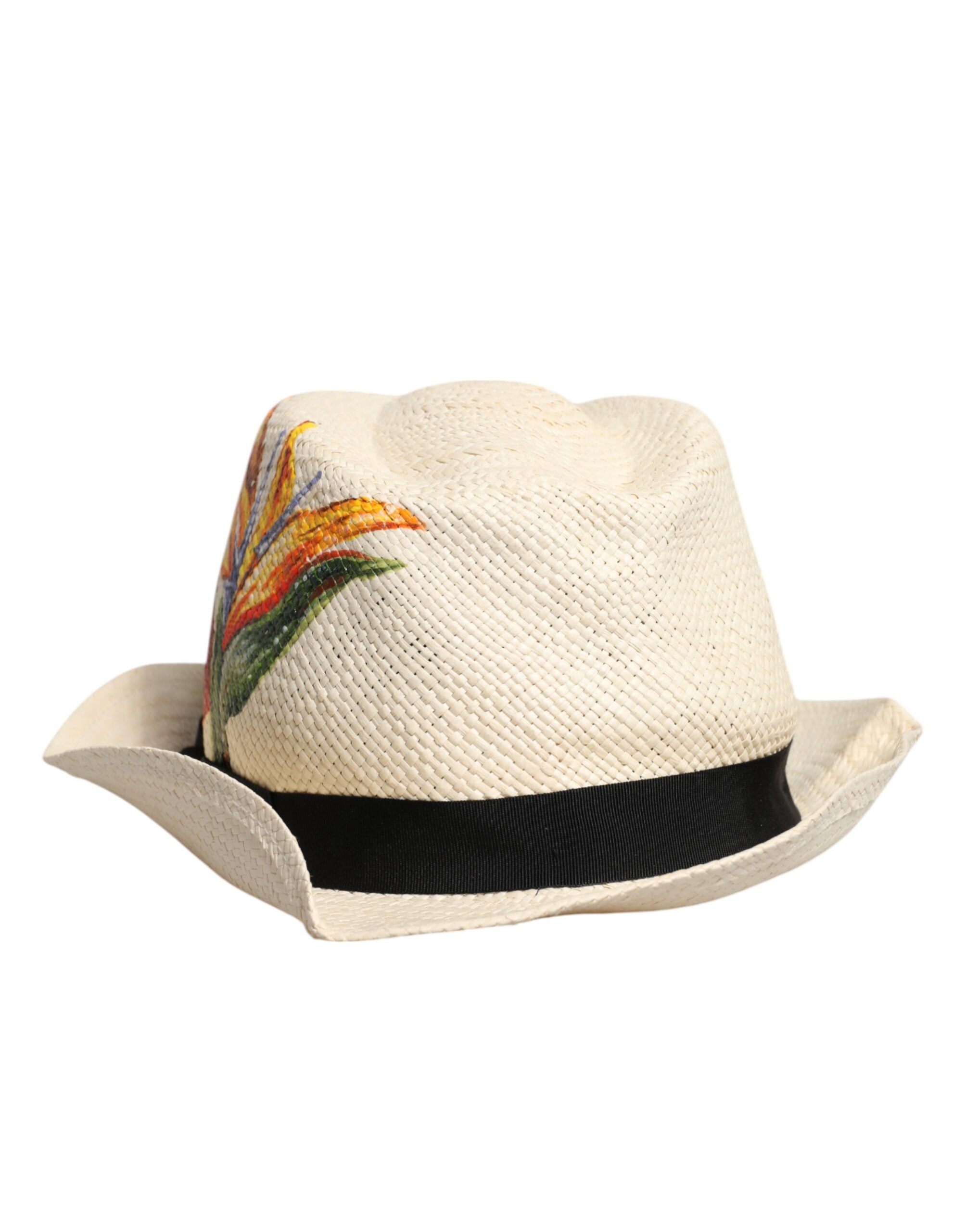 Dolce & Gabbana Beige Floral Print Straw Wide Brim Fedora Hat - ACCEXO