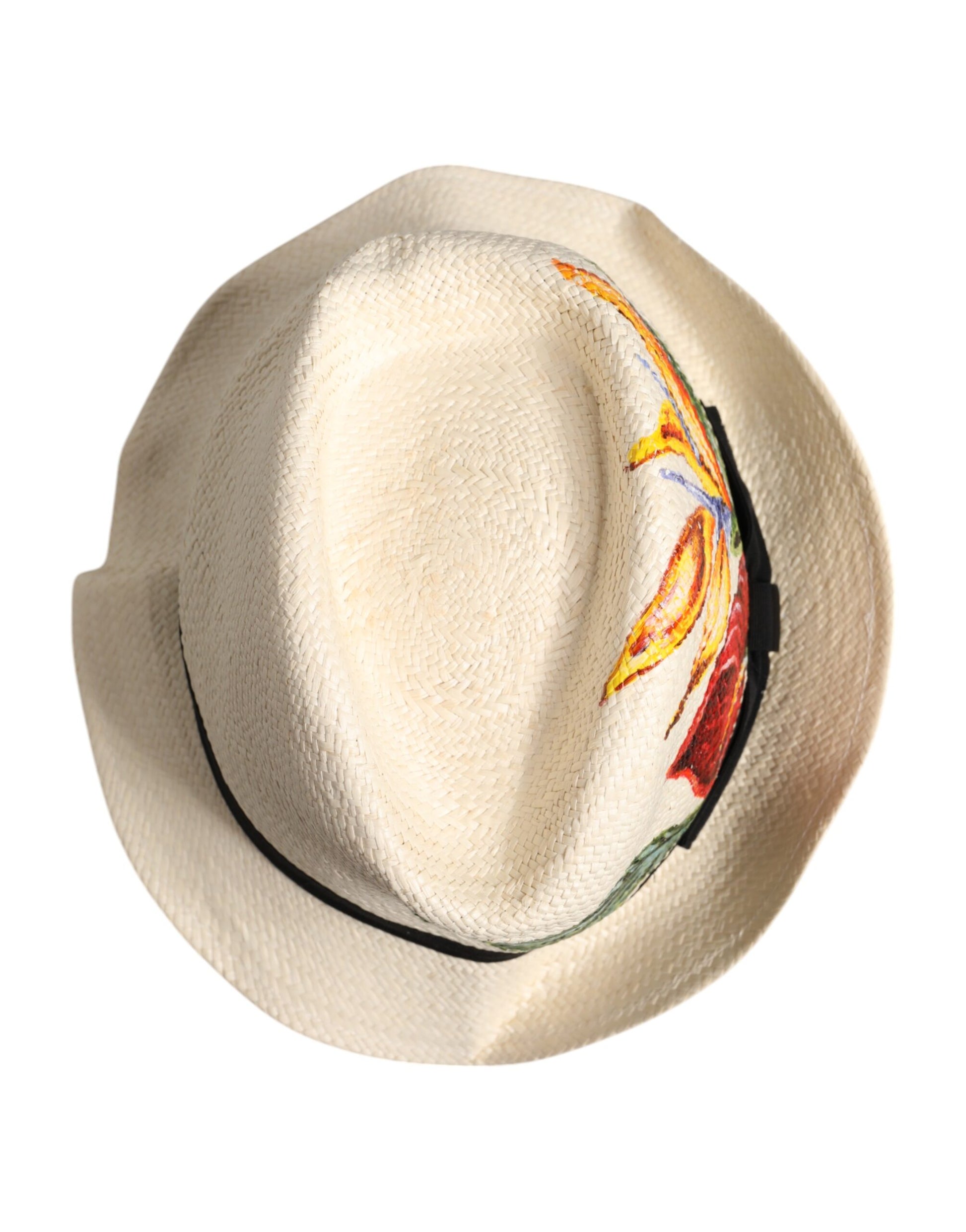 Dolce & Gabbana Beige Floral Print Straw Wide Brim Fedora Hat - ACCEXO