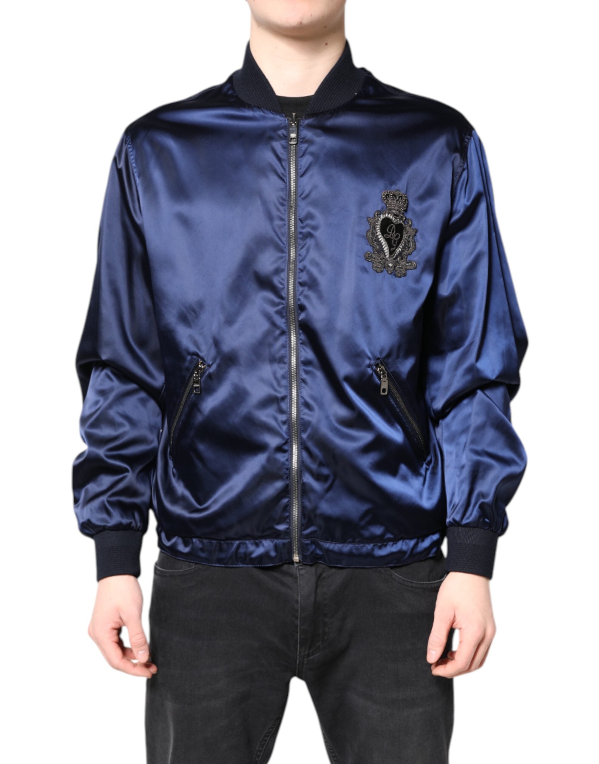 Dolce & Gabbana Blue Nylon DG Crown Full Zip Bomber Jacket - ACCEXO