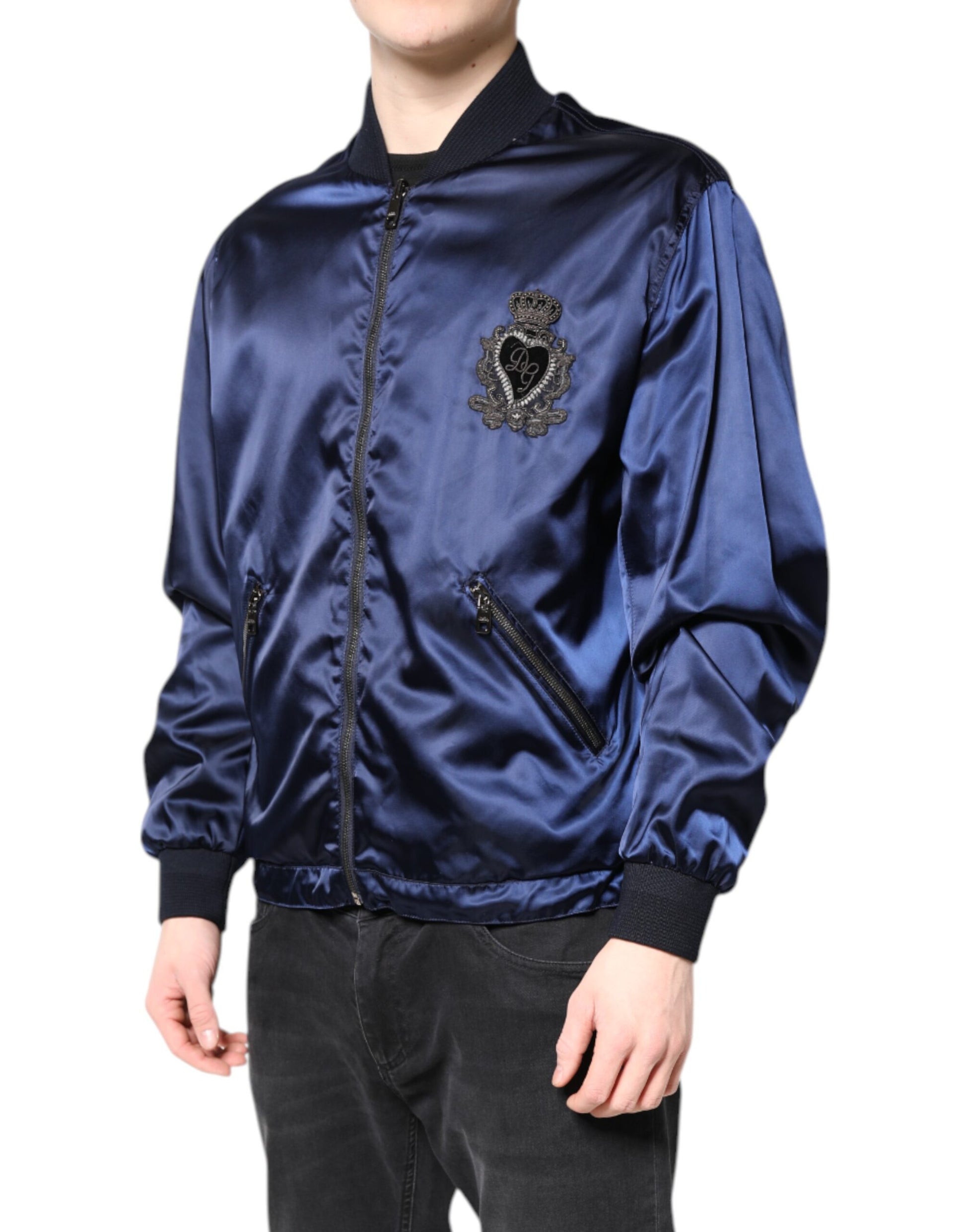 Dolce & Gabbana Blue Nylon DG Crown Full Zip Bomber Jacket - ACCEXO