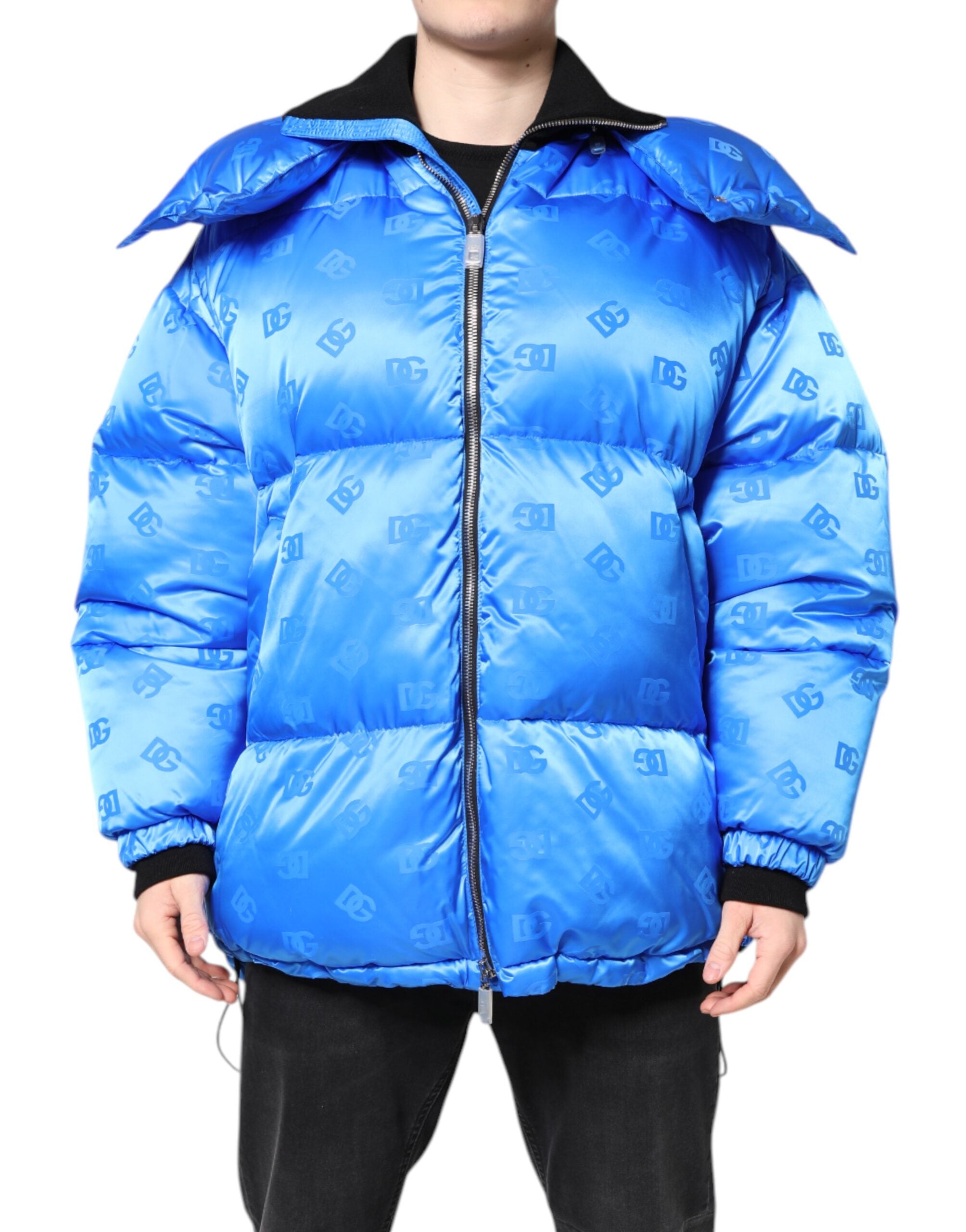 Dolce & Gabbana Blue Logo Full Zip Hooded Quilted Jacket - ACCEXO