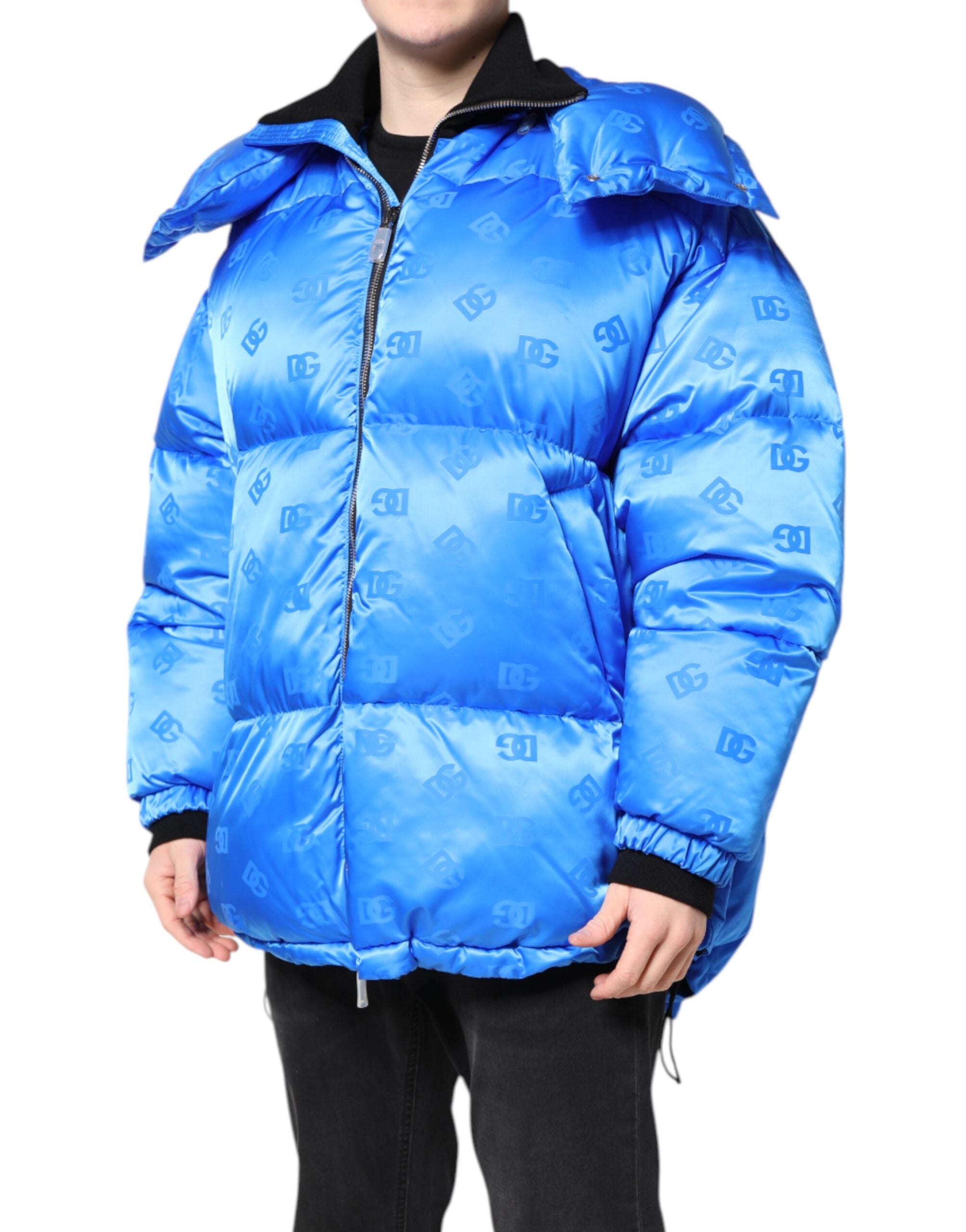 Dolce & Gabbana Blue Logo Full Zip Hooded Quilted Jacket - ACCEXO