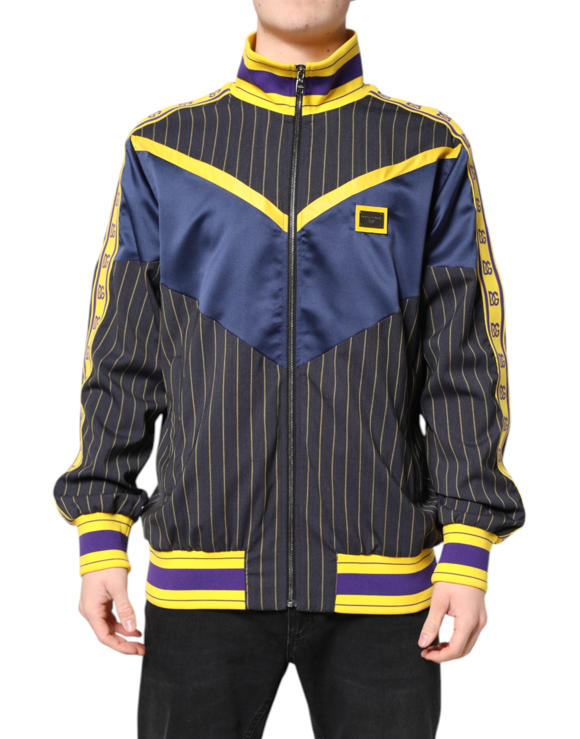 Dolce & Gabbana Black Striped Logo Full Zip Bomber Jacket - ACCEXO
