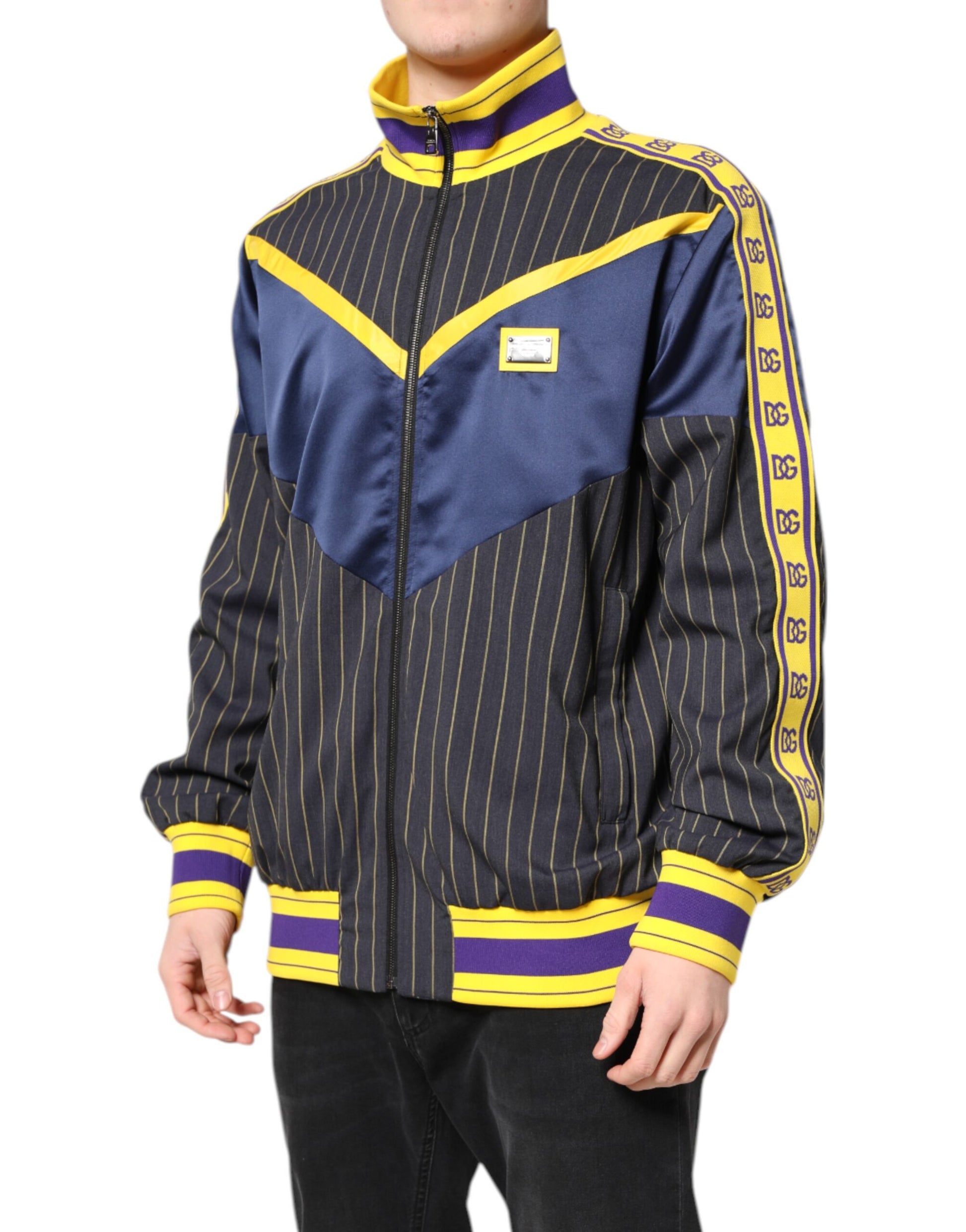 Dolce & Gabbana Black Striped Logo Full Zip Bomber Jacket - ACCEXO