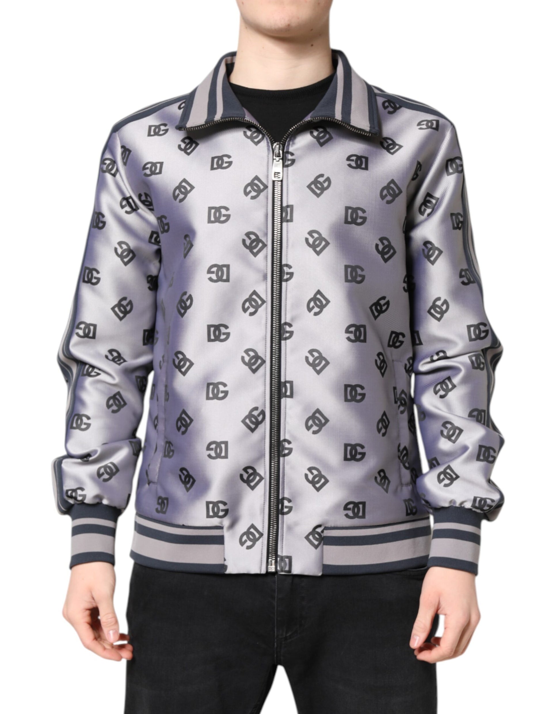 Dolce & Gabbana Gray Logo Monogram Full Zip Bomber Jacket - ACCEXO