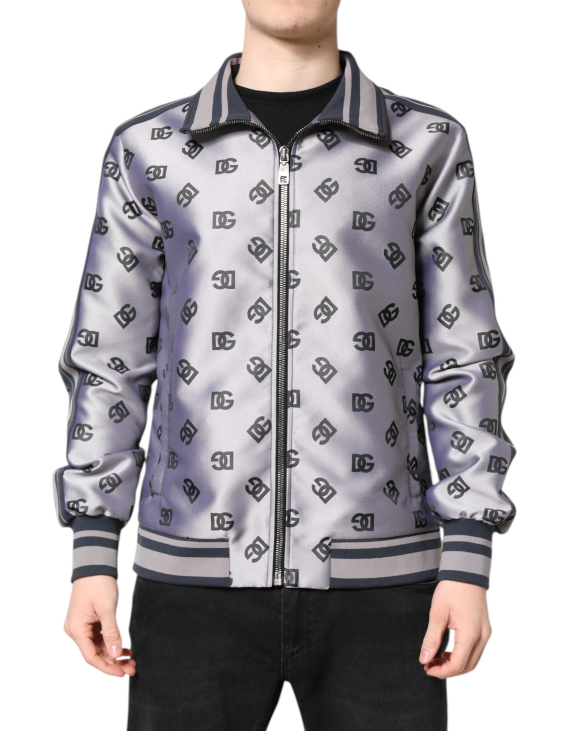 Dolce & Gabbana Gray Logo Monogram Full Zip Bomber Jacket - ACCEXO