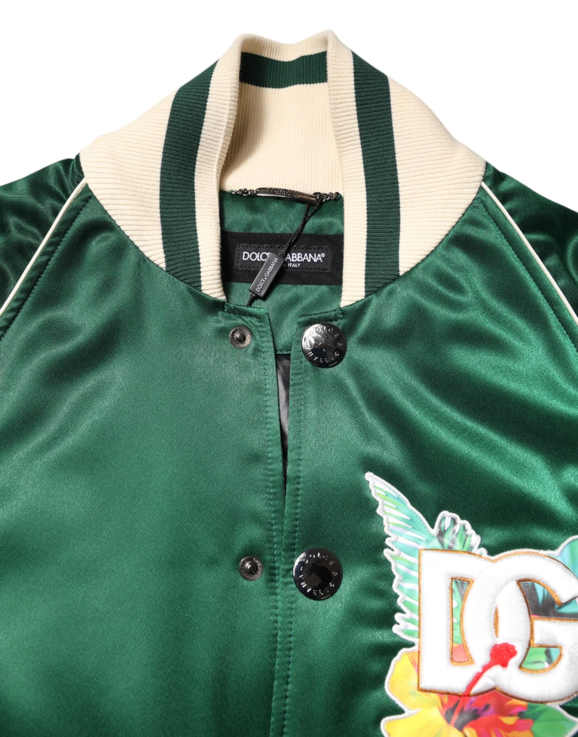 Dolce & Gabbana Green Floral DG Logo Full Zip Bomber Jacket - ACCEXO