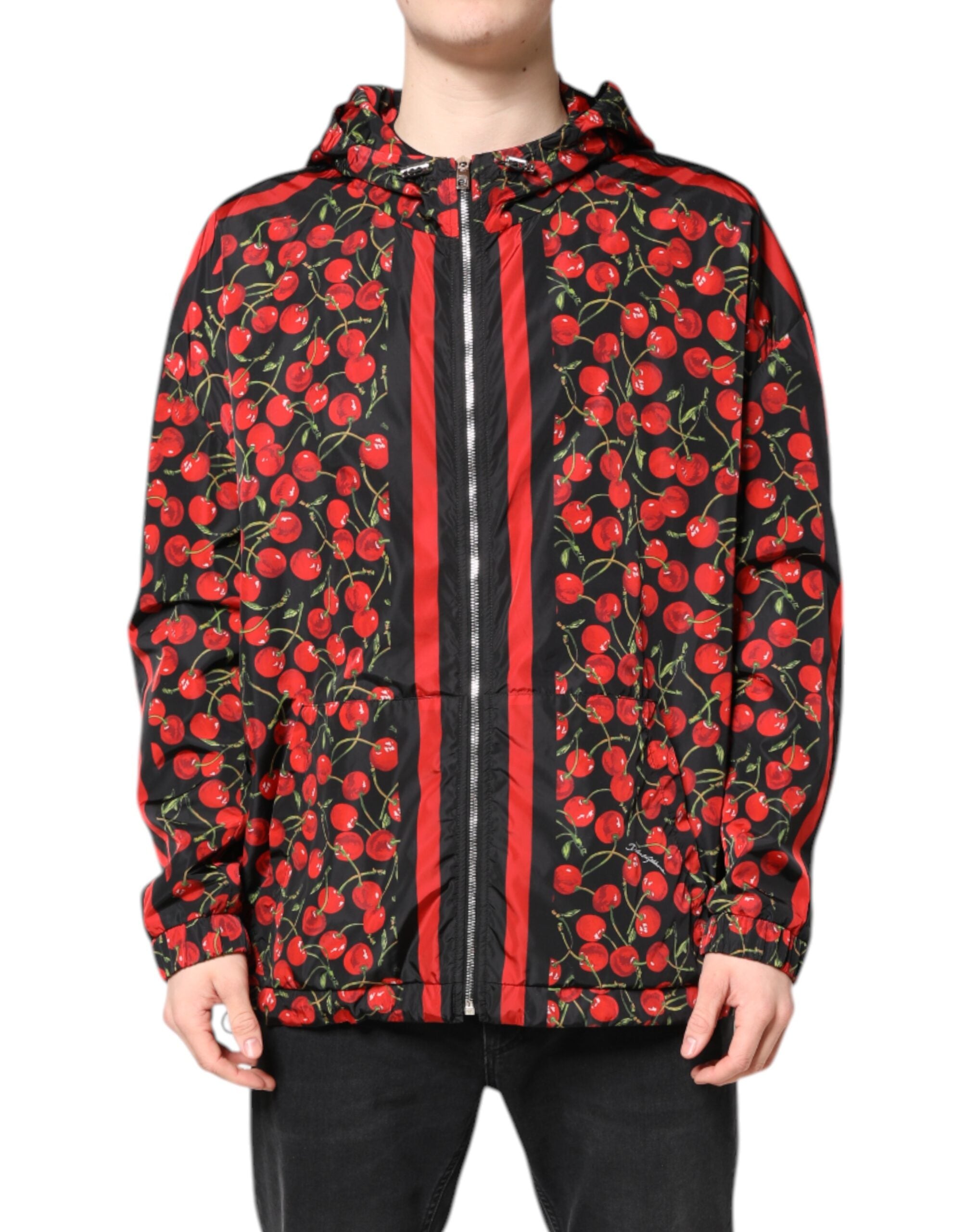 Dolce & Gabbana Black Cherry Print Hooded Windbreaker Jacket - ACCEXO