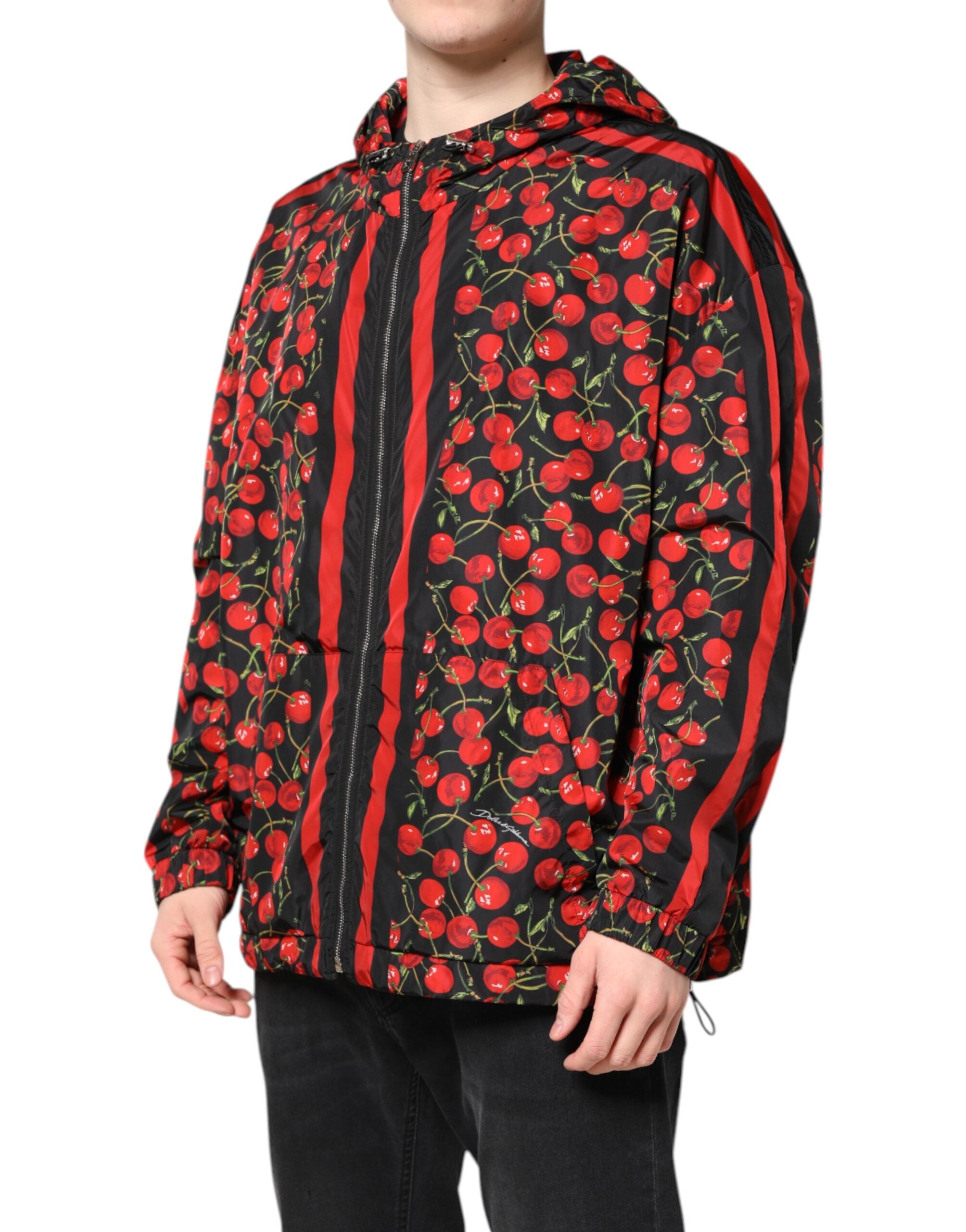Dolce & Gabbana Black Cherry Print Hooded Windbreaker Jacket - ACCEXO