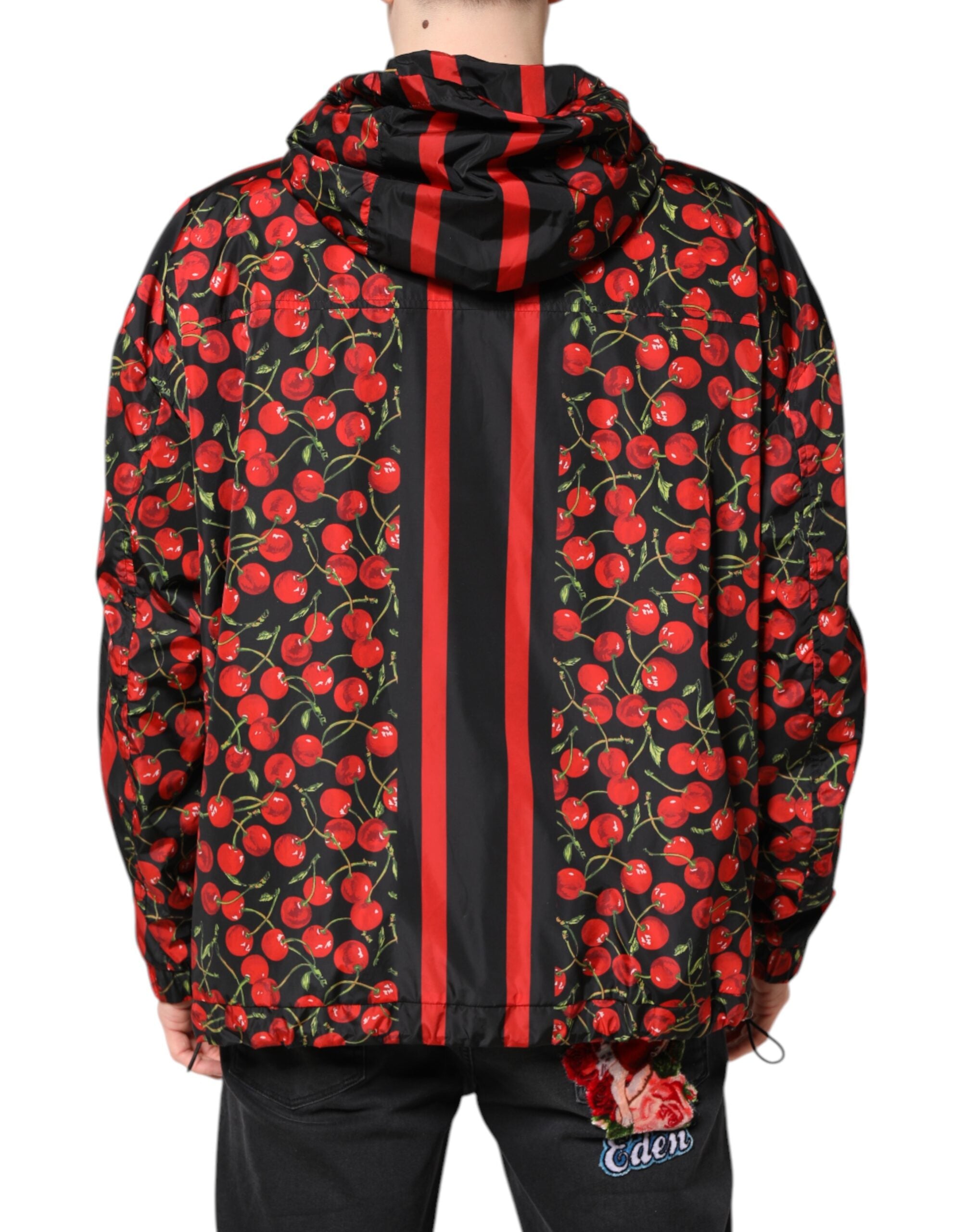 Dolce & Gabbana Black Cherry Print Hooded Windbreaker Jacket - ACCEXO