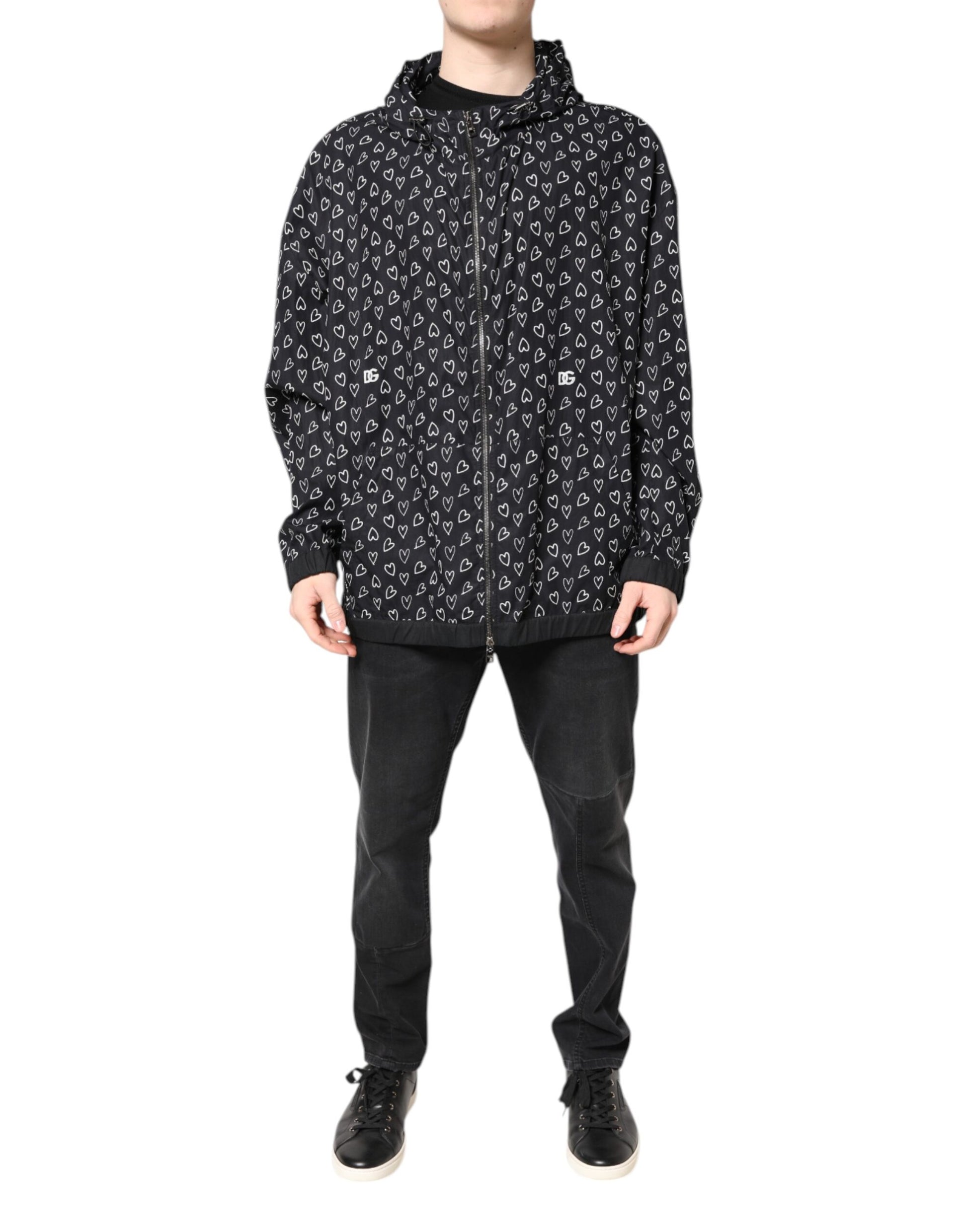 Dolce & Gabbana Black Heart Print Hooded Windbreaker Jacket - ACCEXO