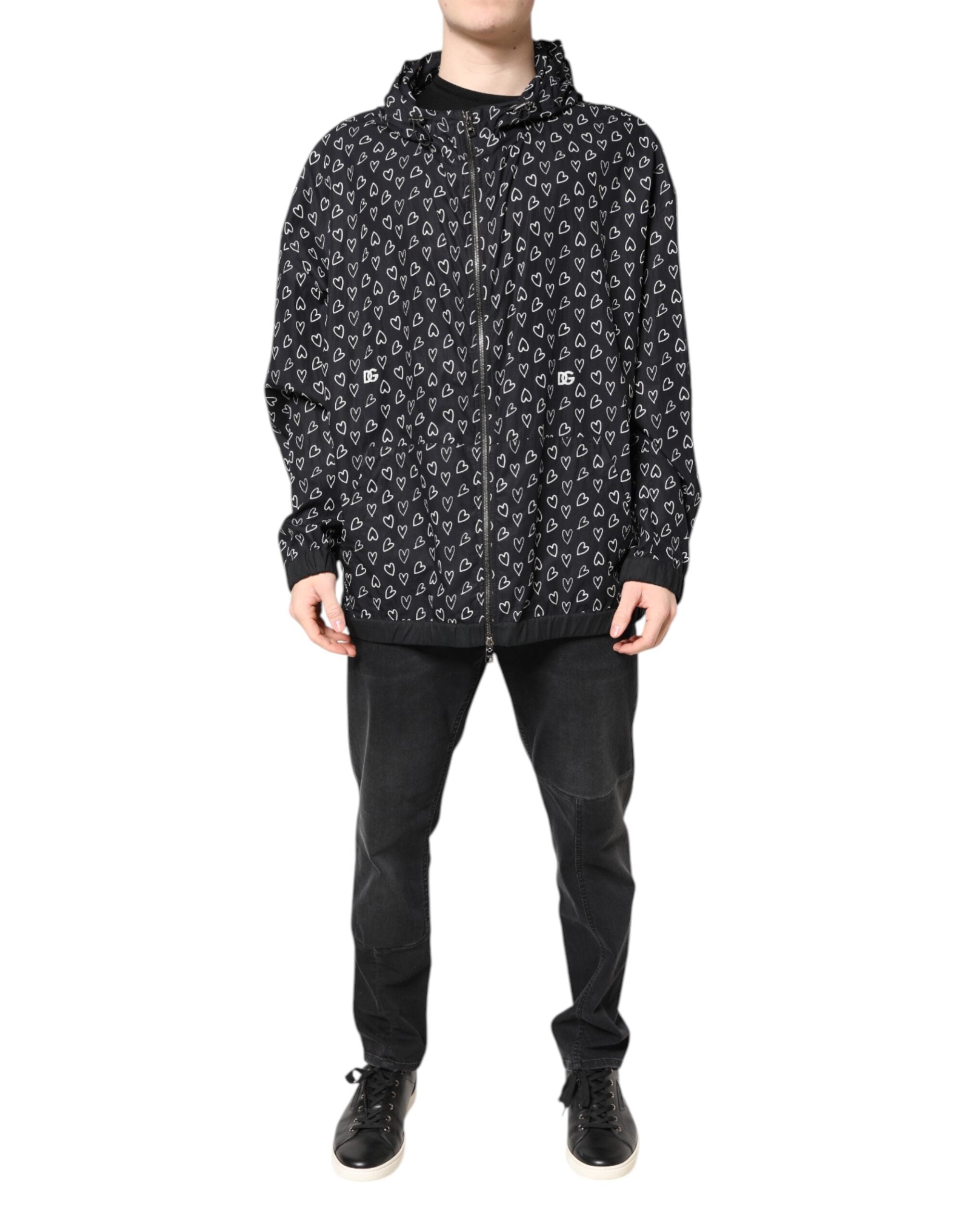 Dolce & Gabbana Black Heart Print Hooded Windbreaker Jacket - ACCEXO