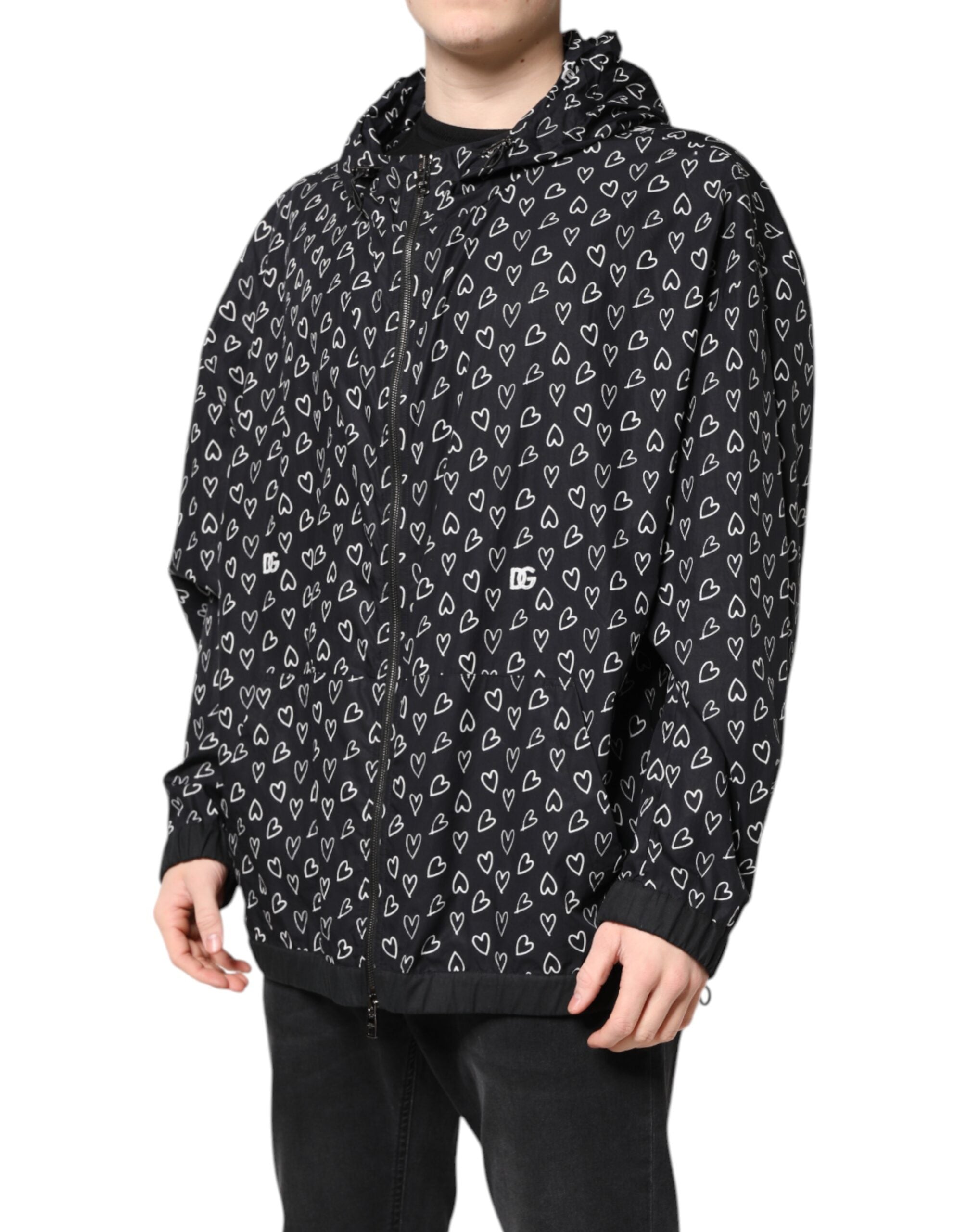 Dolce & Gabbana Black Heart Print Hooded Windbreaker Jacket - ACCEXO