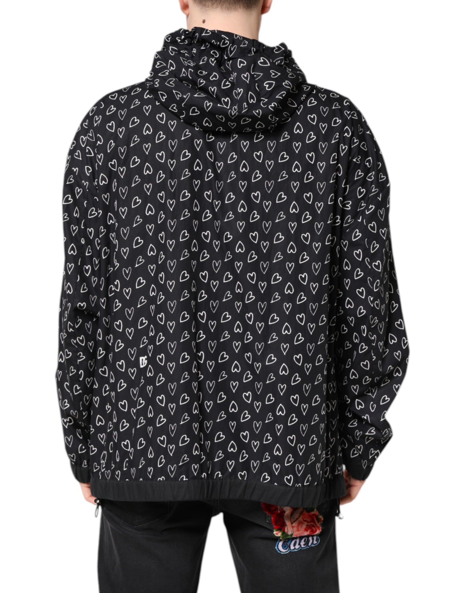 Dolce & Gabbana Black Heart Print Hooded Windbreaker Jacket - ACCEXO