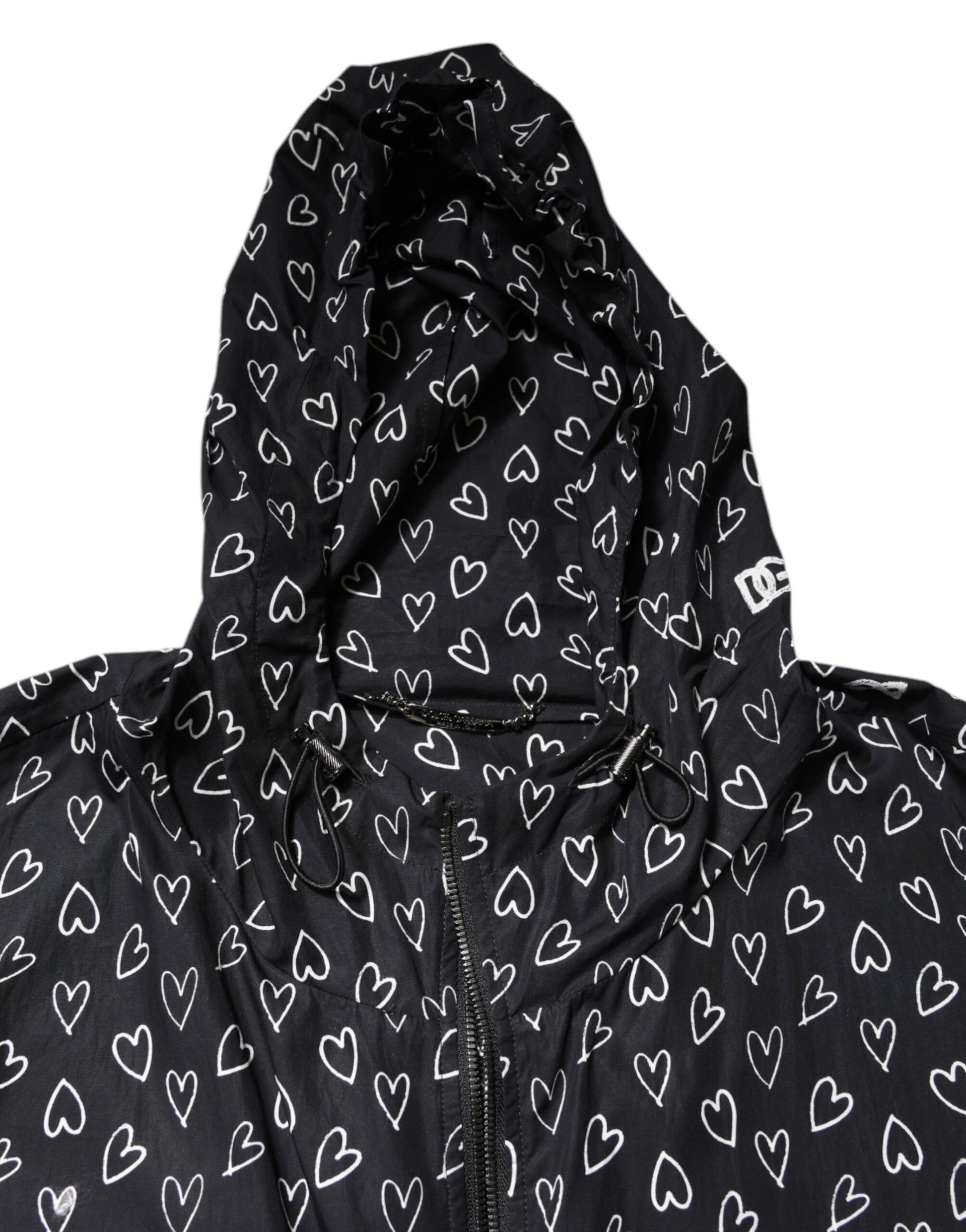 Dolce & Gabbana Black Heart Print Hooded Windbreaker Jacket - ACCEXO