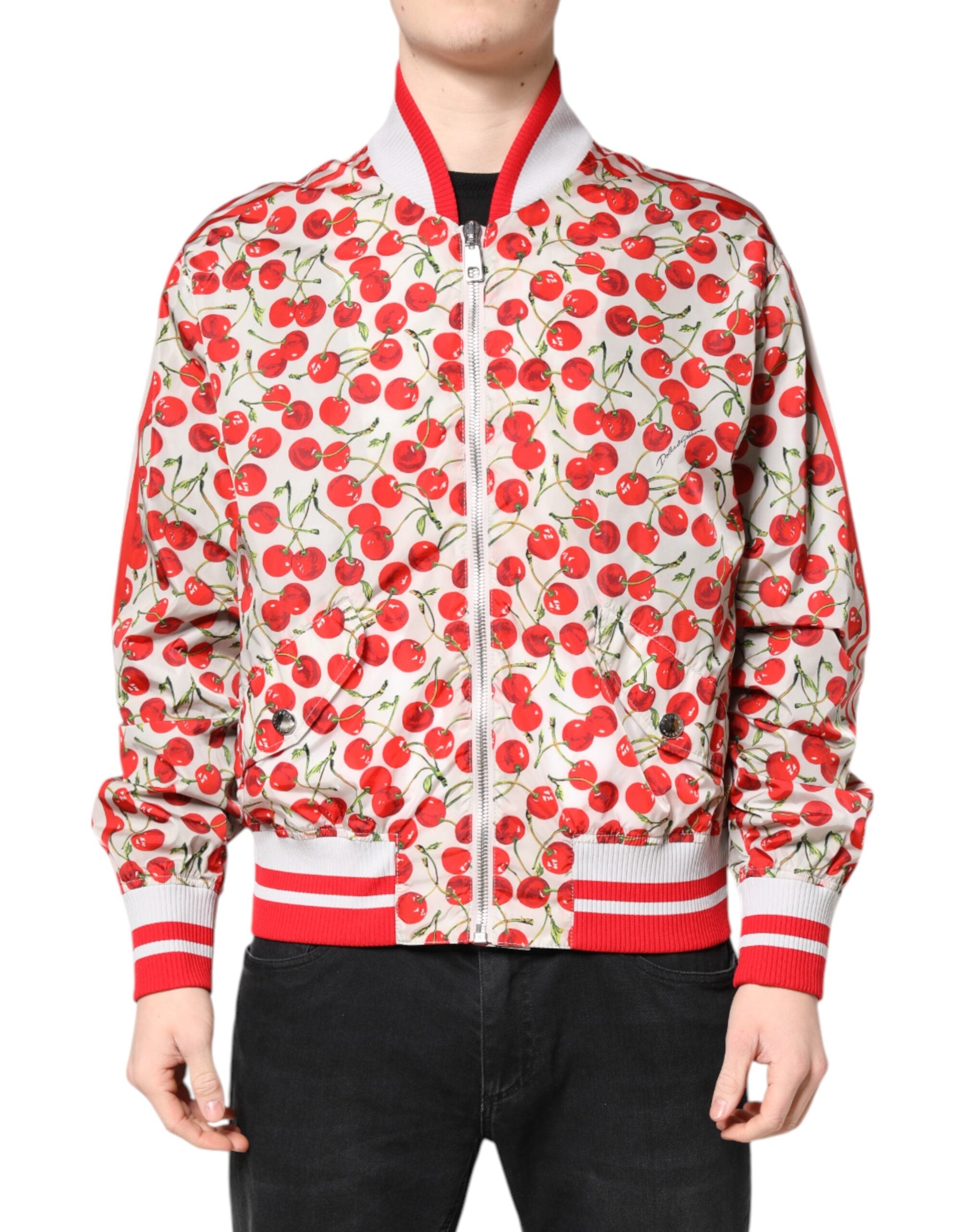 Dolce & Gabbana White Cherry Print Full Zip Bomber Jacket - ACCEXO