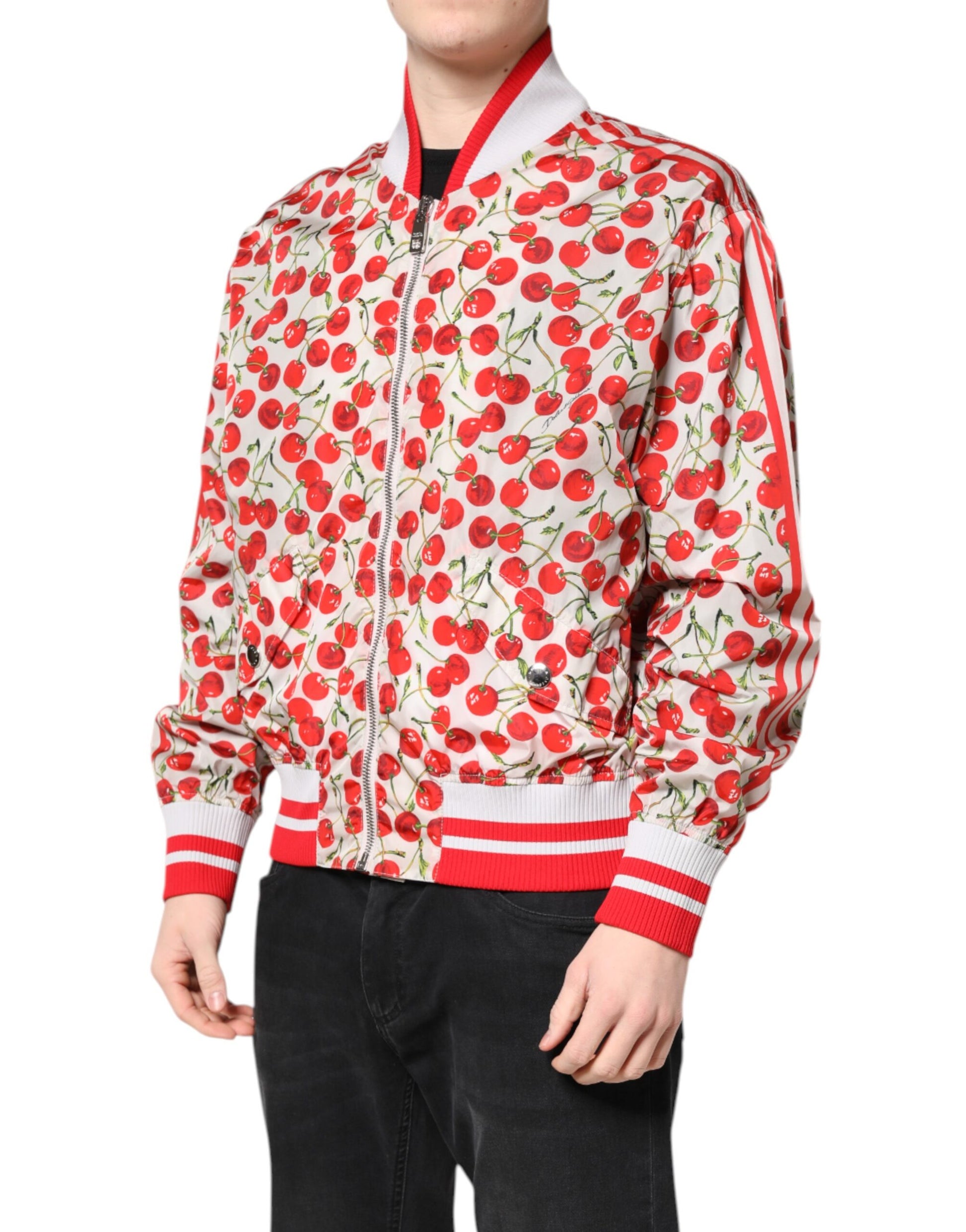Dolce & Gabbana White Cherry Print Full Zip Bomber Jacket - ACCEXO