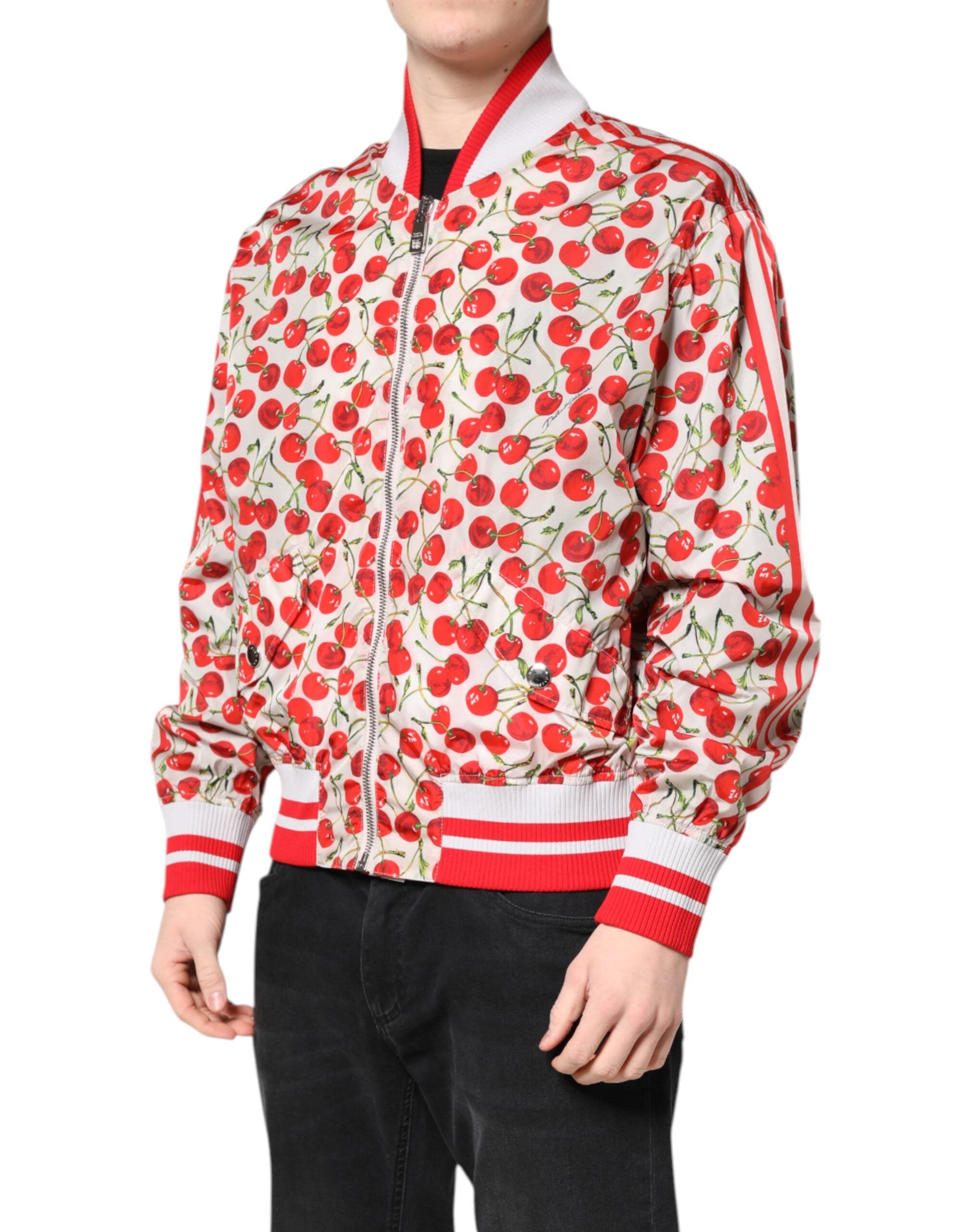 Dolce & Gabbana White Cherry Print Full Zip Bomber Jacket - ACCEXO