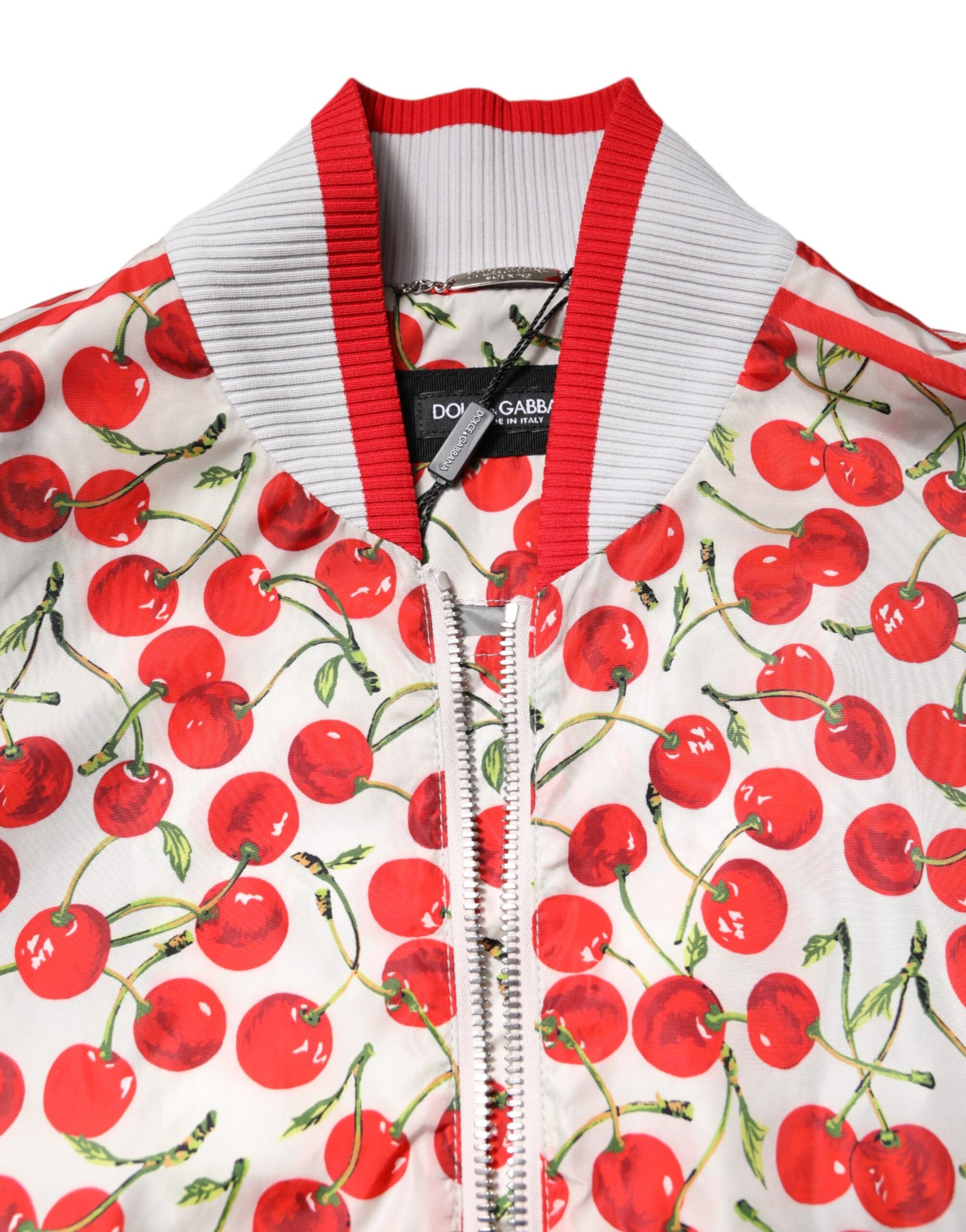 Dolce & Gabbana White Cherry Print Full Zip Bomber Jacket - ACCEXO