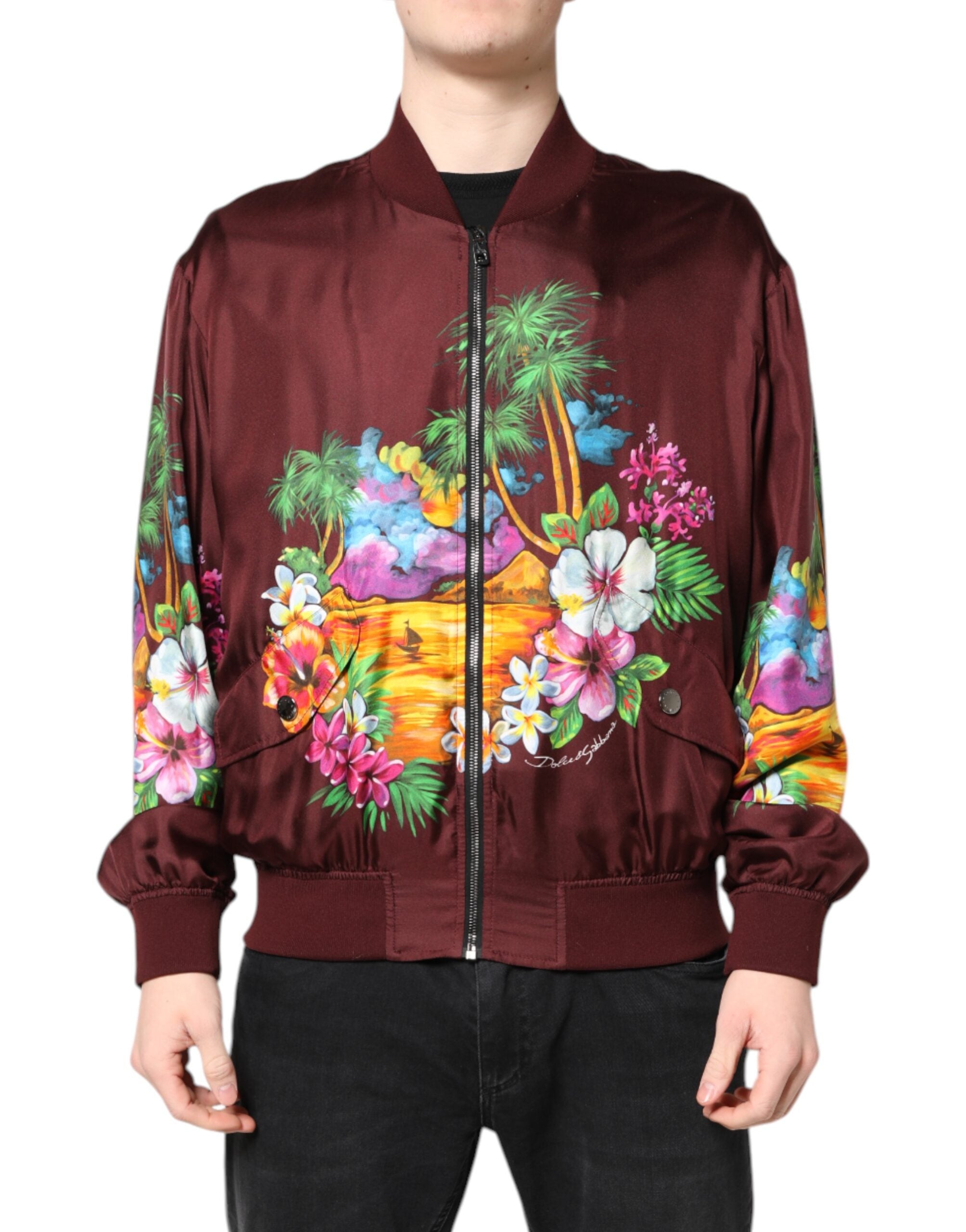 Dolce & Gabbana Maroon Floral Print Full Zip Bomber Jacket - ACCEXO