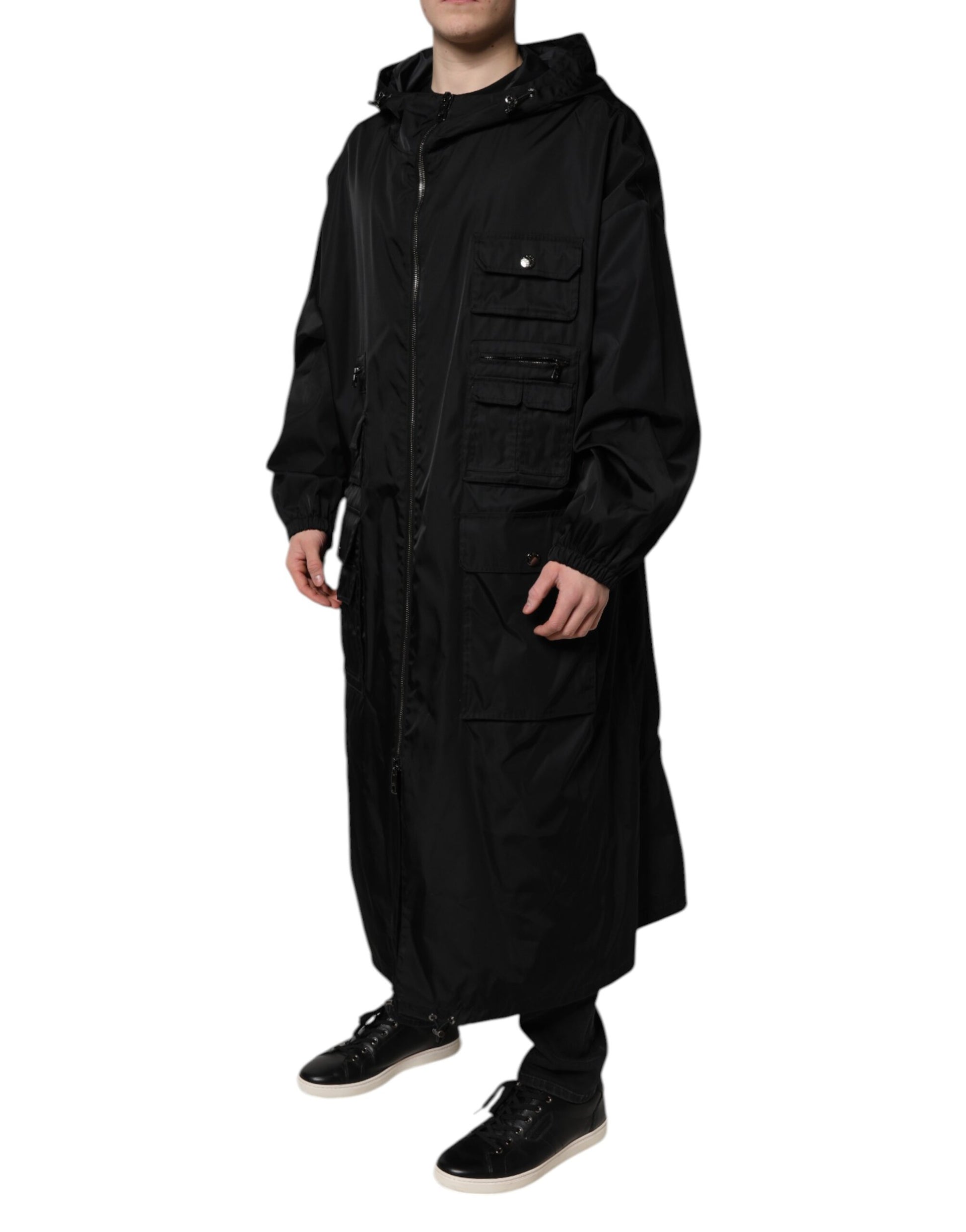 Dolce & Gabbana Black Hooded Long Men Windbreaker Jacket - ACCEXO