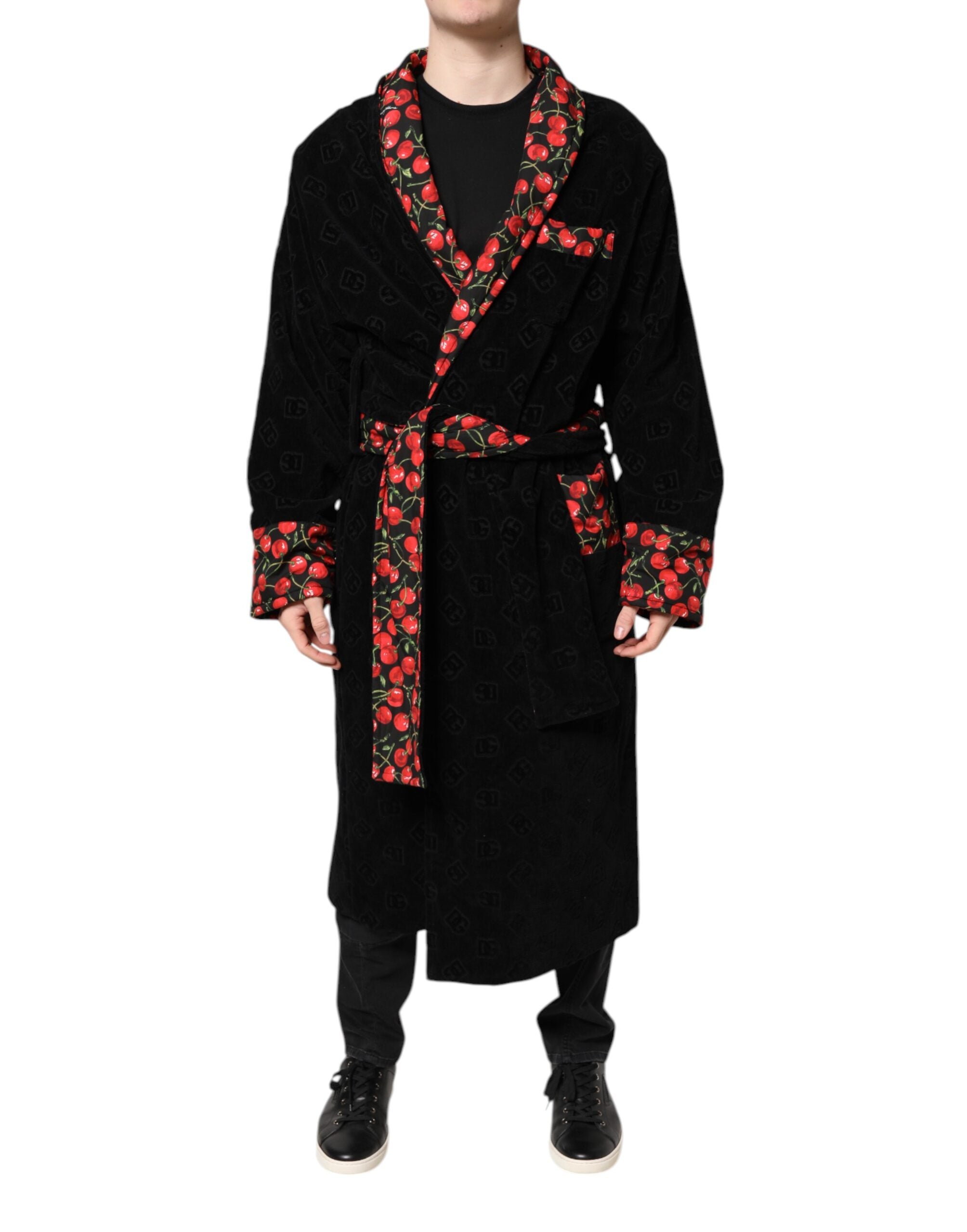 Dolce & Gabbana Black Cherry Print Wrap Robe Men Coat Jacket - ACCEXO